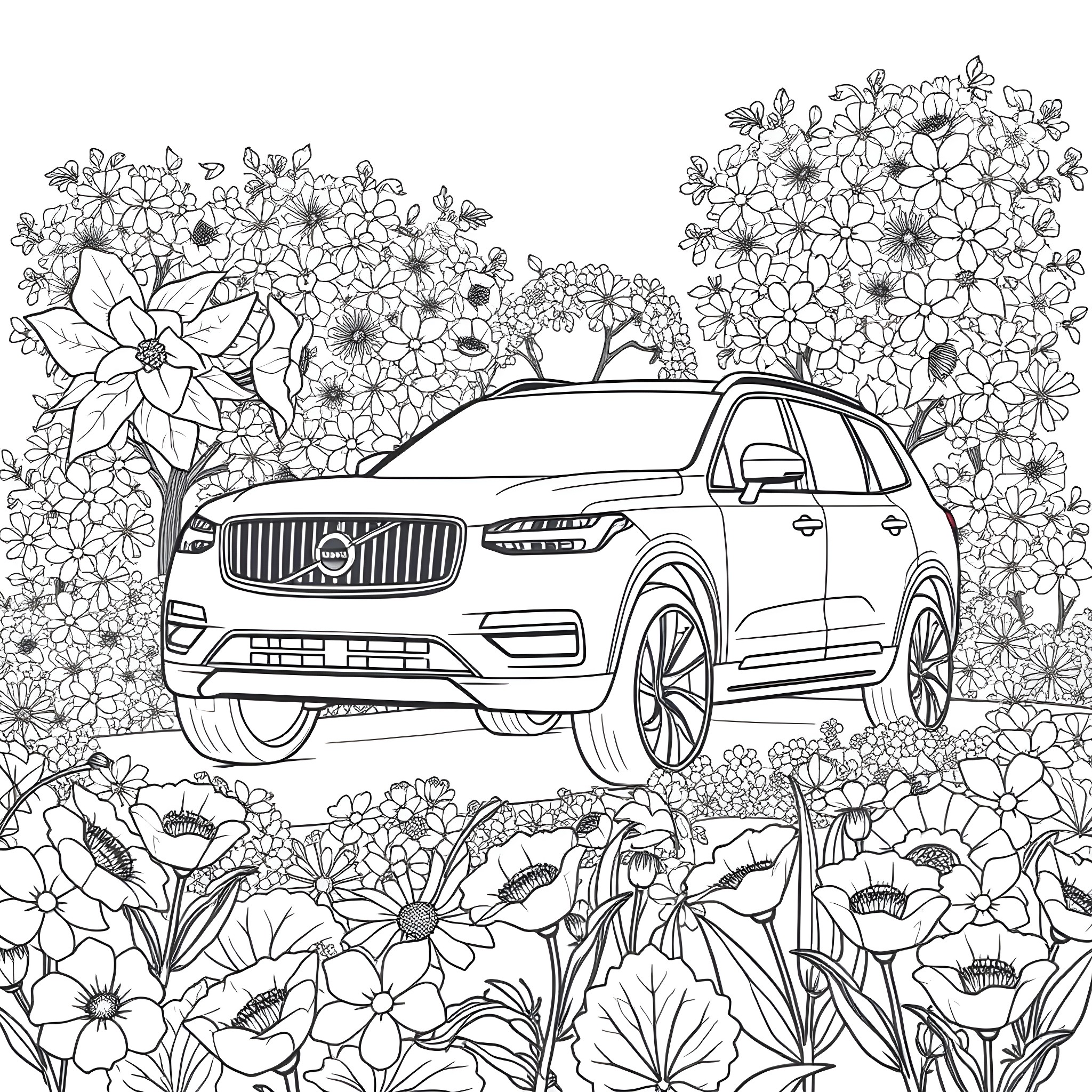 Volvo SUV amidst blooming flowers and nature Coloring Page (free black-and-white line drawing printable PDF for all, from beginners to advanced learners, including children, teens, adults, and seniors)