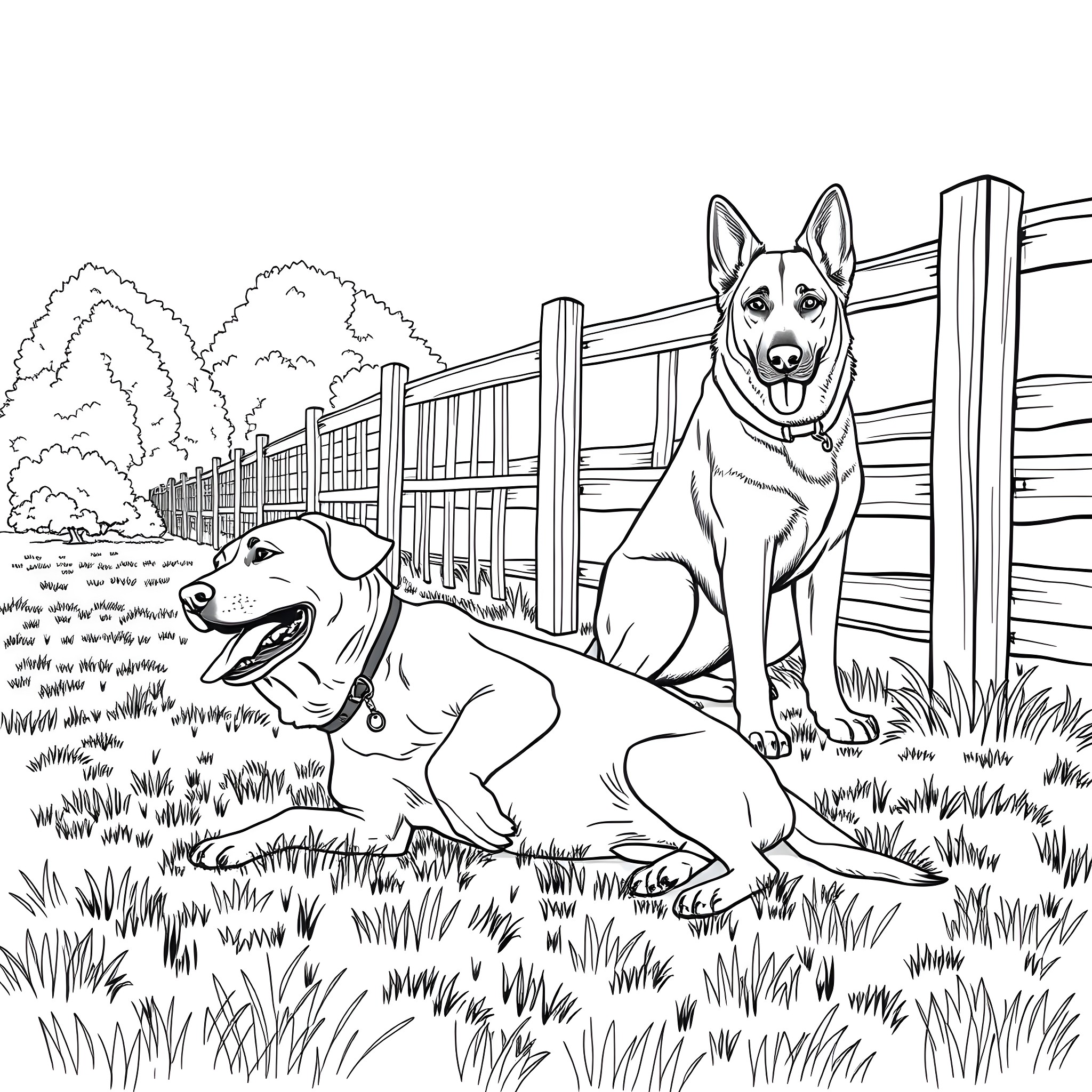 Dogs enjoying the outdoors at the fence Coloring Page (free black-and-white line drawing printable PDF for all, from beginners to advanced learners, including children, teens, adults, and seniors)