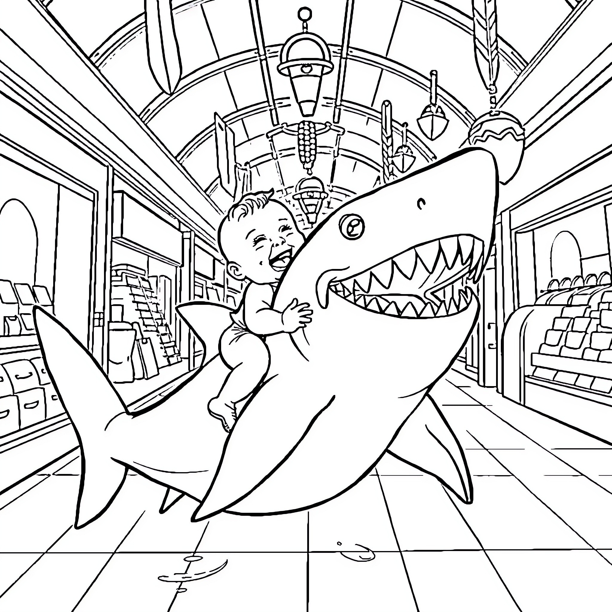 Baby playing with a friendly shark in the store Coloring Page (free black-and-white line drawing printable PDF for all, from beginners to advanced learners, including children, teens, adults, and seniors)