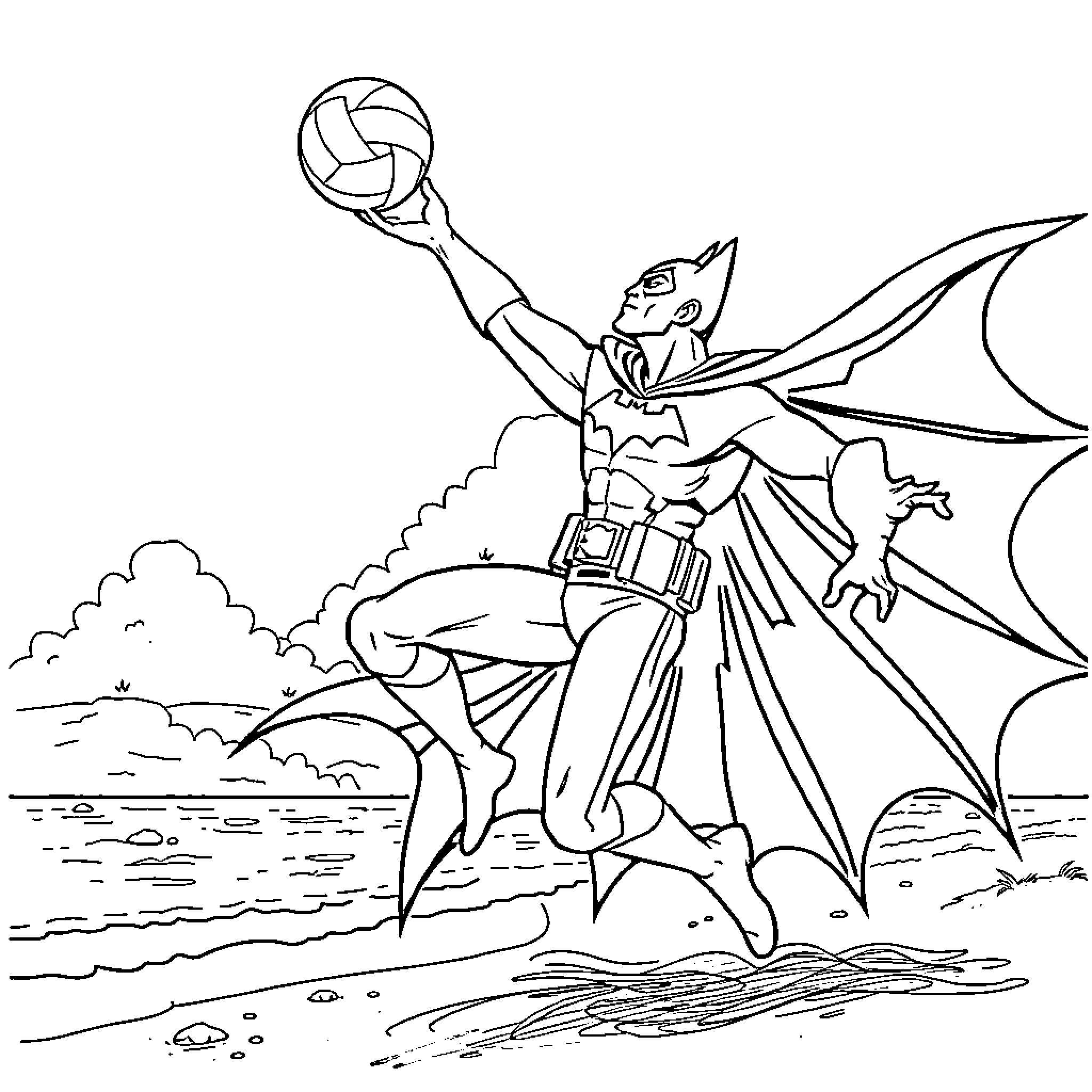 Batman Soaring Over the Seas with a Volleyball Coloring Page (free black-and-white line drawing printable PDF for all, from beginners to advanced learners, including children, teens, adults, and seniors)