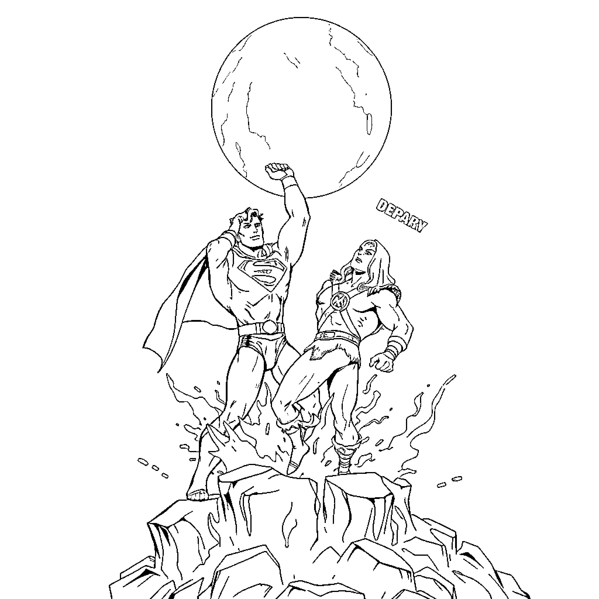 Superman battling villain on rocky terrain Coloring Page (free black-and-white line drawing printable PDF for all, from beginners to advanced learners, including children, teens, adults, and seniors)