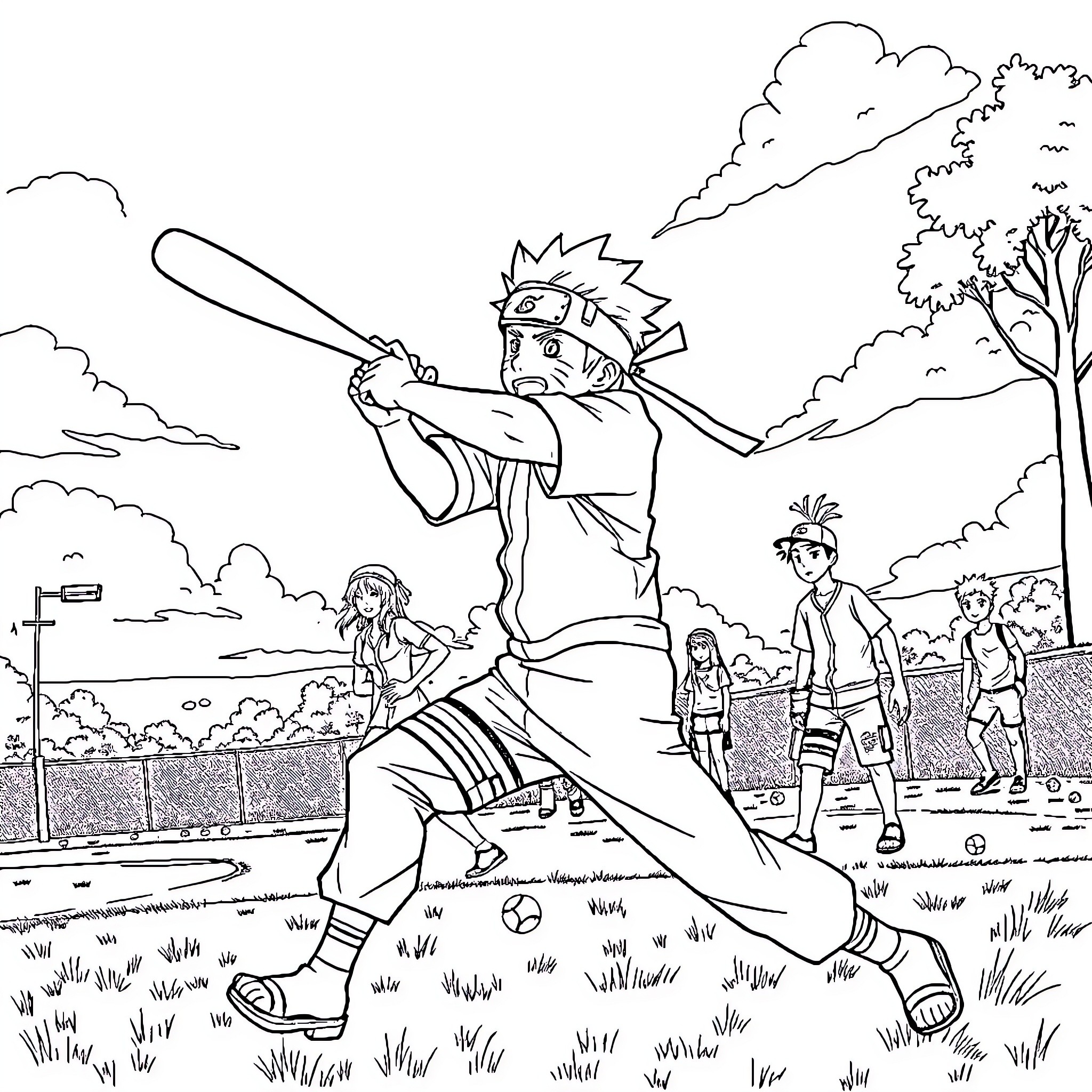 Naruto characters playing baseball in the park Coloring Page (free black-and-white line drawing printable PDF for all, from beginners to advanced learners, including children, teens, adults, and seniors)