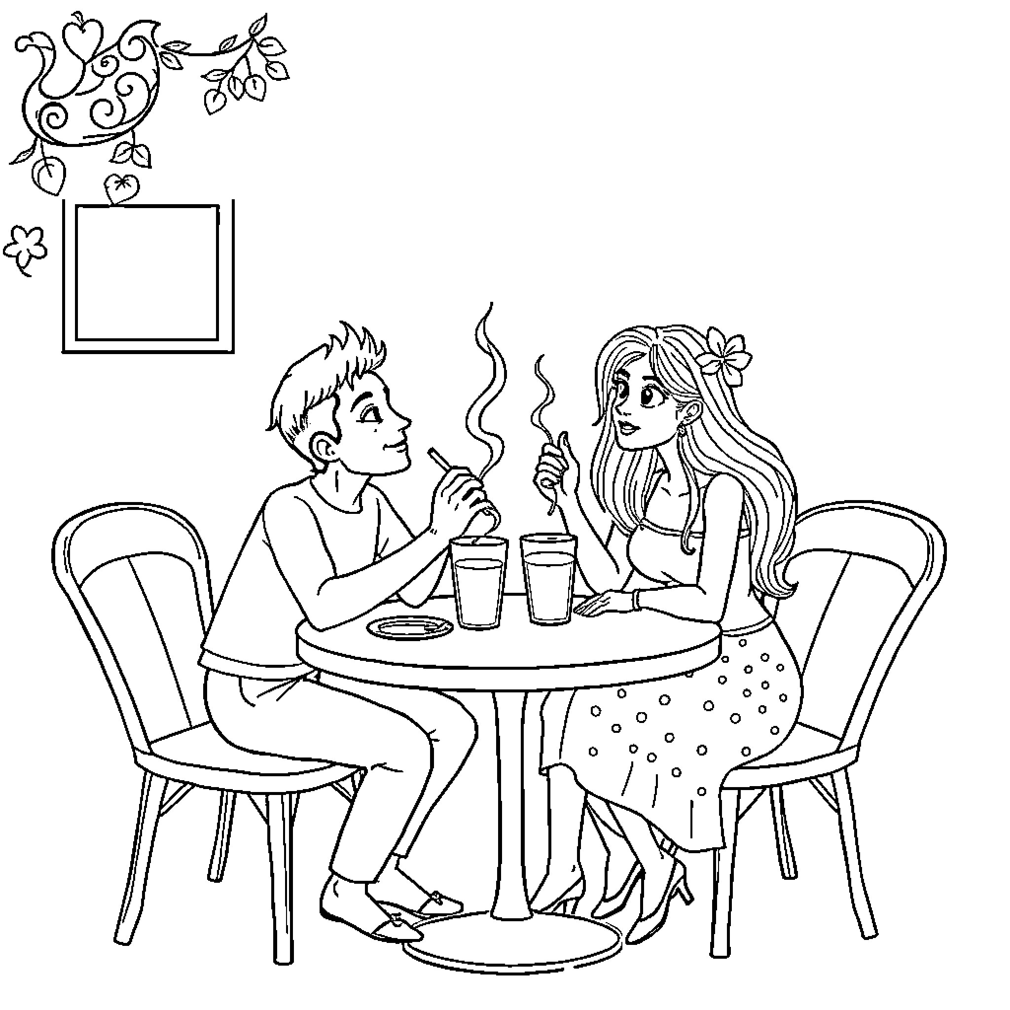 Poco couple enjoying a cozy cafe moment Coloring Page (free black-and-white line drawing printable PDF for all, from beginners to advanced learners, including children, teens, adults, and seniors)