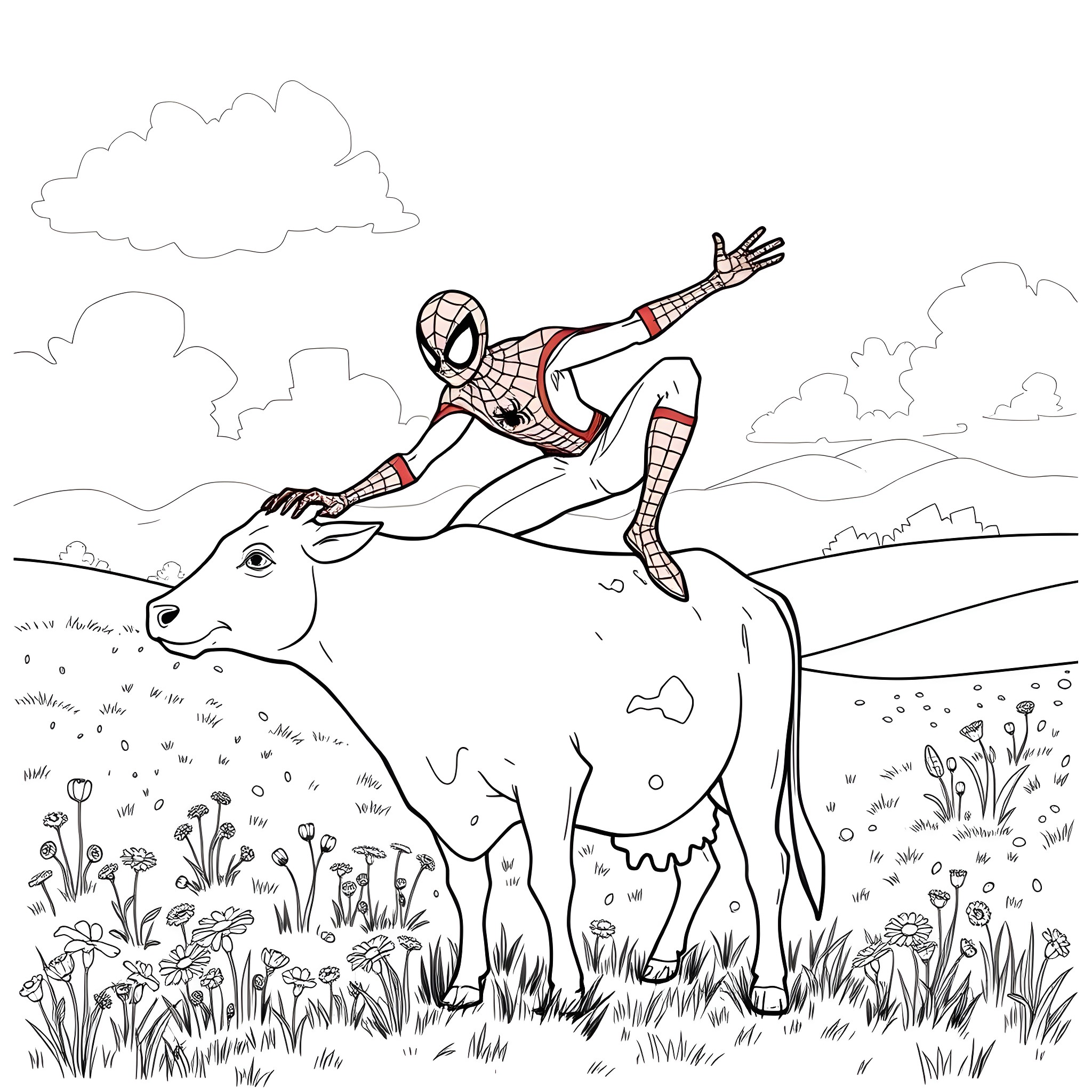 Spiderman riding a deer in a nature scene Coloring Page (free black-and-white line drawing printable PDF for all, from beginners to advanced learners, including children, teens, adults, and seniors)