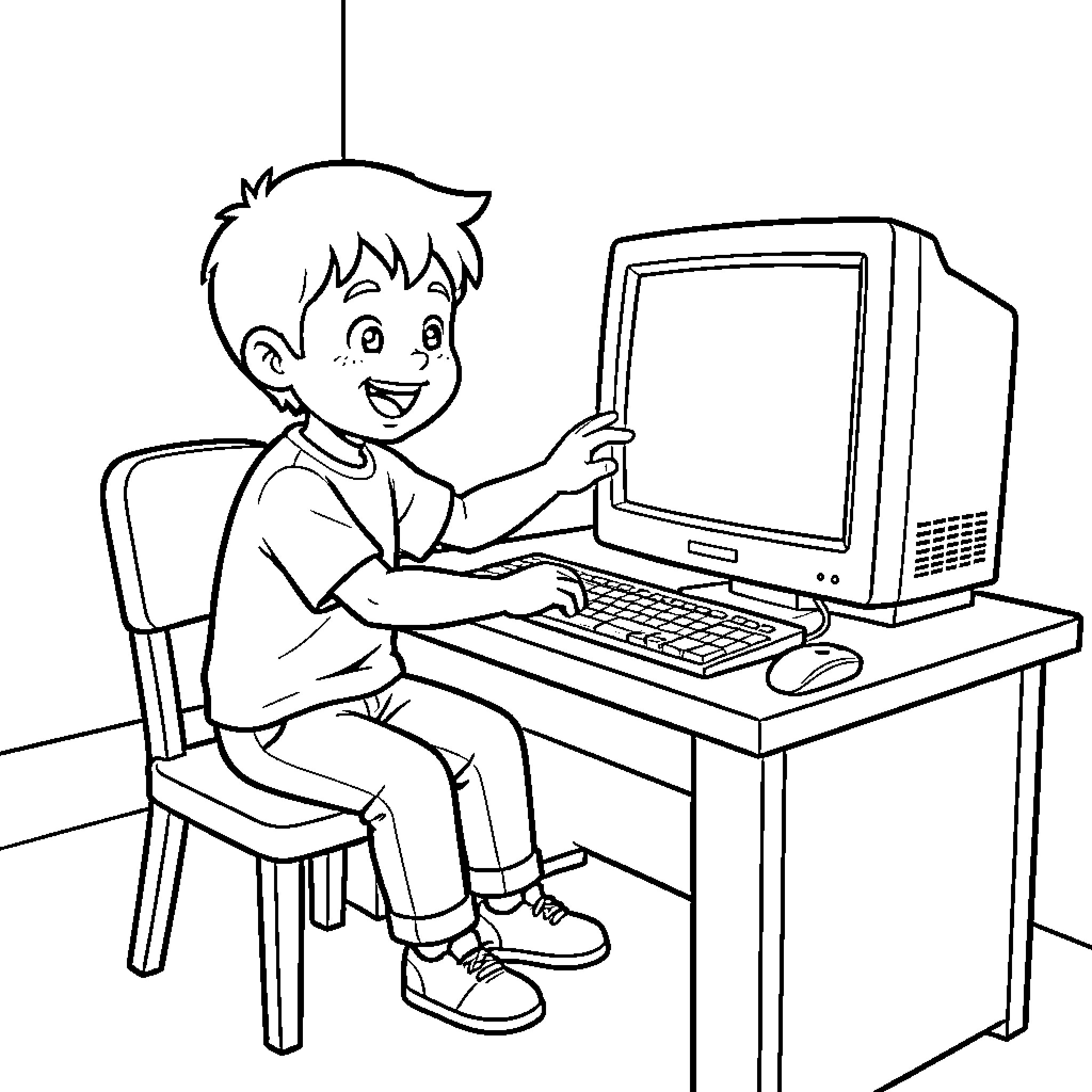 Boy using computer in the room Coloring Page (free black-and-white line drawing printable PDF for all, from beginners to advanced learners, including children, teens, adults, and seniors)