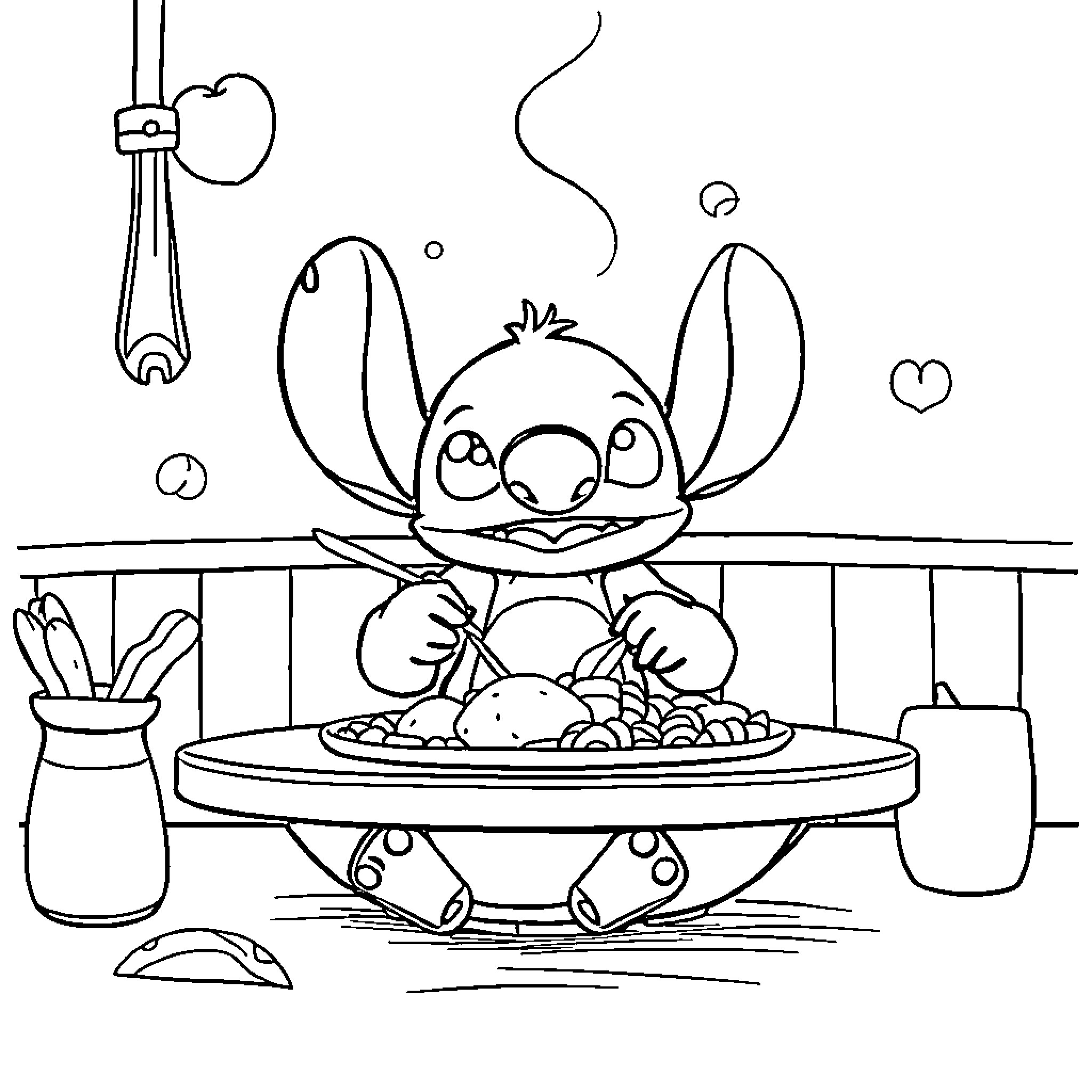 Stitch preparing a scrumptious meal Coloring Page (free black-and-white line drawing printable PDF for all, from beginners to advanced learners, including children, teens, adults, and seniors)