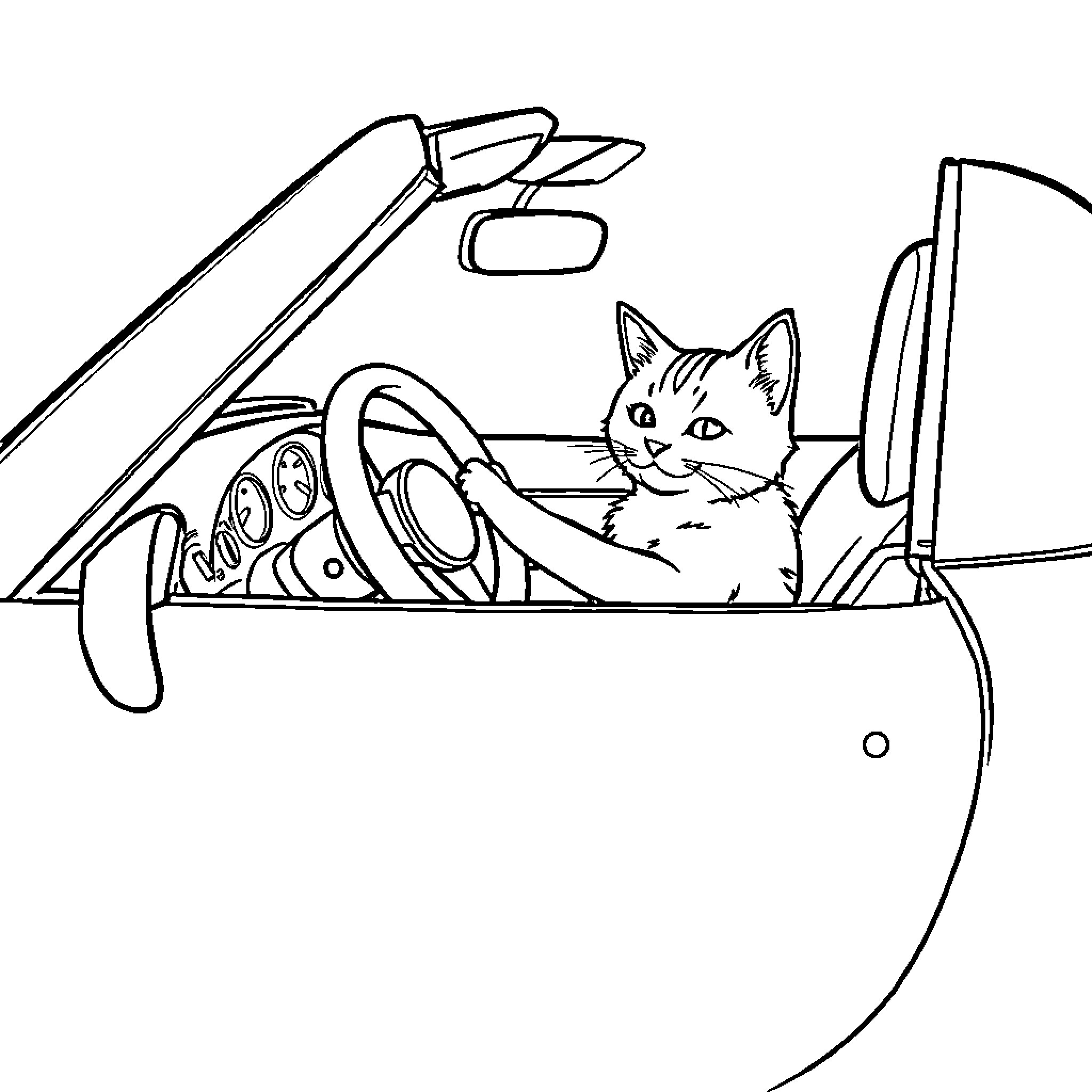 Miata cat driver exploring the open road Coloring Page (free black-and-white line drawing printable PDF for all, from beginners to advanced learners, including children, teens, adults, and seniors)