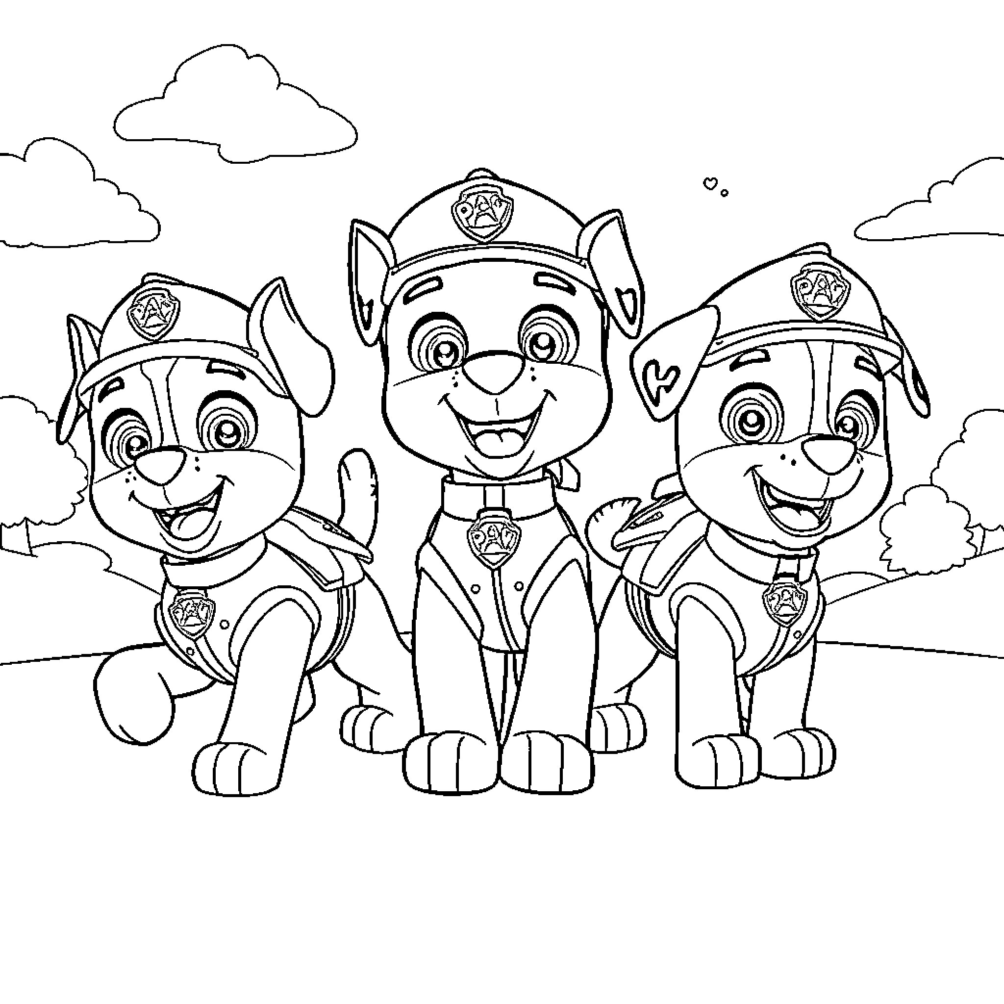 Paw Patrol Rescue Team in Action Coloring Page (free black-and-white line drawing printable PDF for all, from beginners to advanced learners, including children, teens, adults, and seniors)