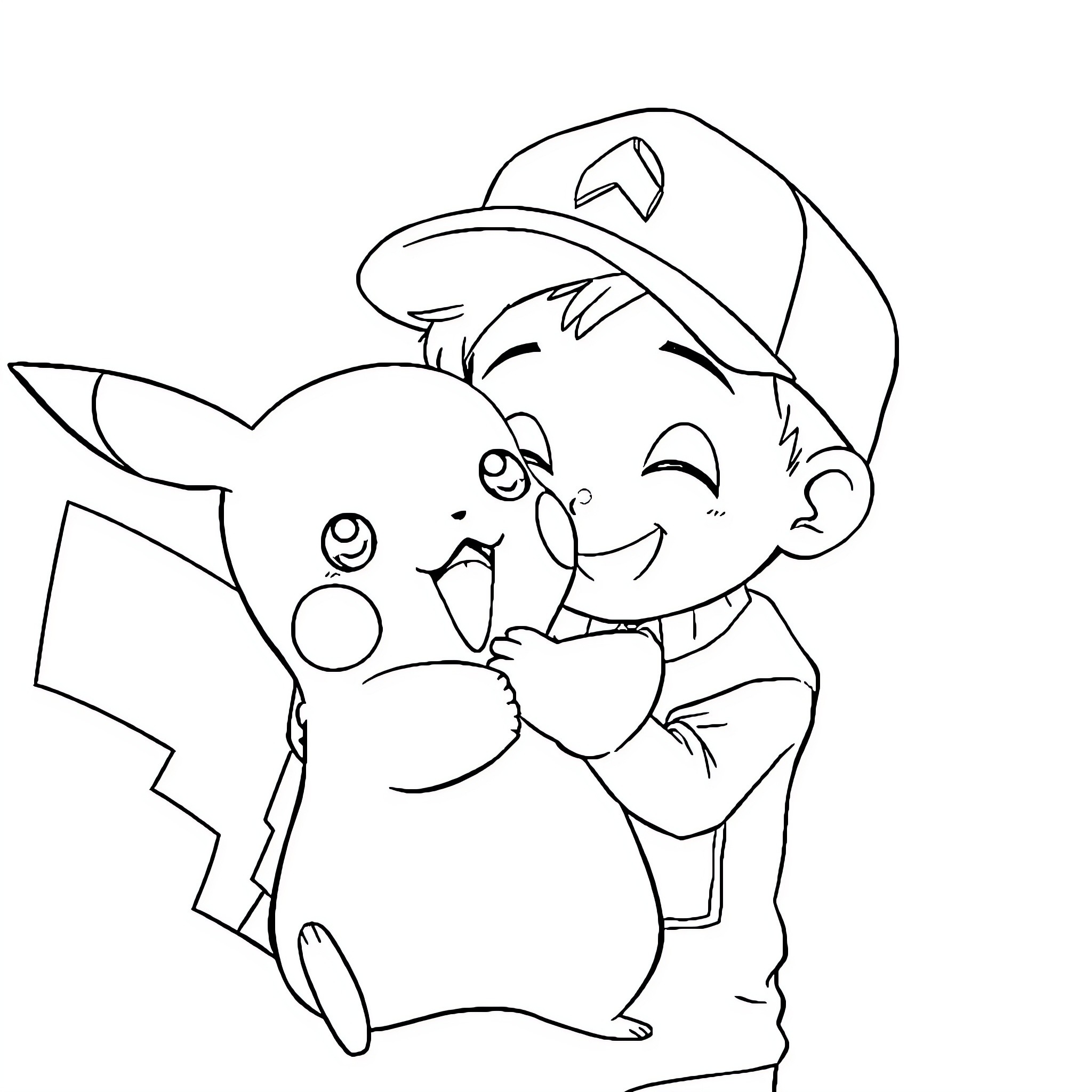 Chick Catching Pikachu in a Friendly Embrace Coloring Page (free black-and-white line drawing printable PDF for all, from beginners to advanced learners, including children, teens, adults, and seniors)
