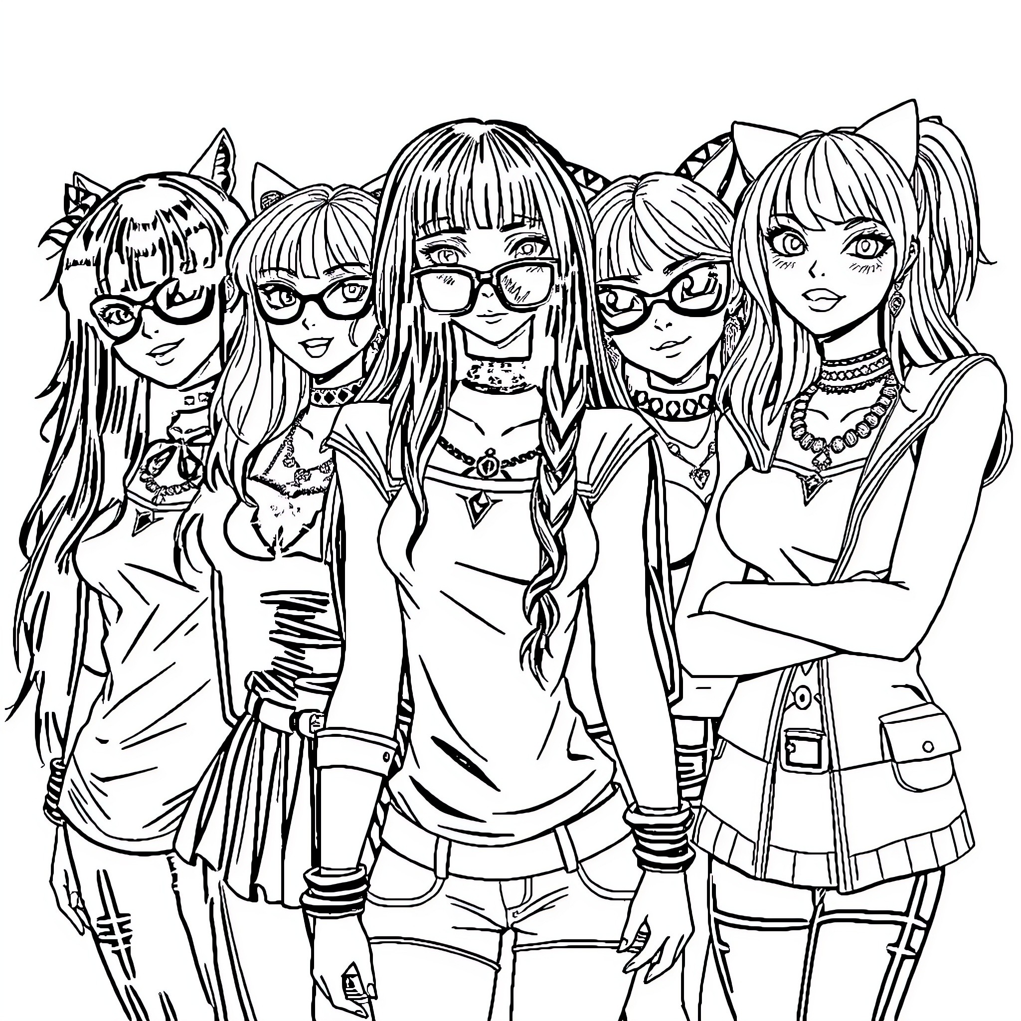 Goth Girls in Stylish Outfits and Accessories Coloring Page (free black-and-white line drawing printable PDF for all, from beginners to advanced learners, including children, teens, adults, and seniors)