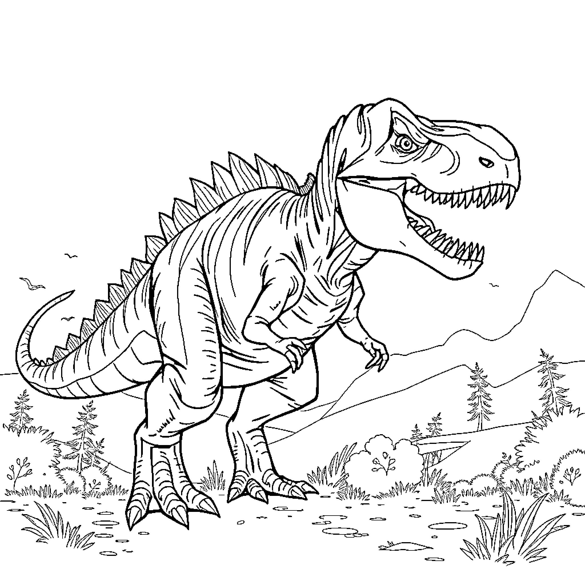 Indominus Rex dinosaur roaring in the wilderness Coloring Page (free black-and-white line drawing printable PDF for all, from beginners to advanced learners, including children, teens, adults, and seniors)
