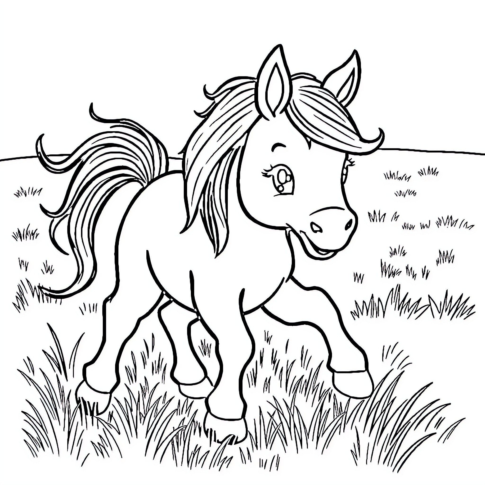 Pony frolicking happily in the meadow Coloring Page (free black-and-white line drawing printable PDF for all, from beginners to advanced learners, including children, teens, adults, and seniors)