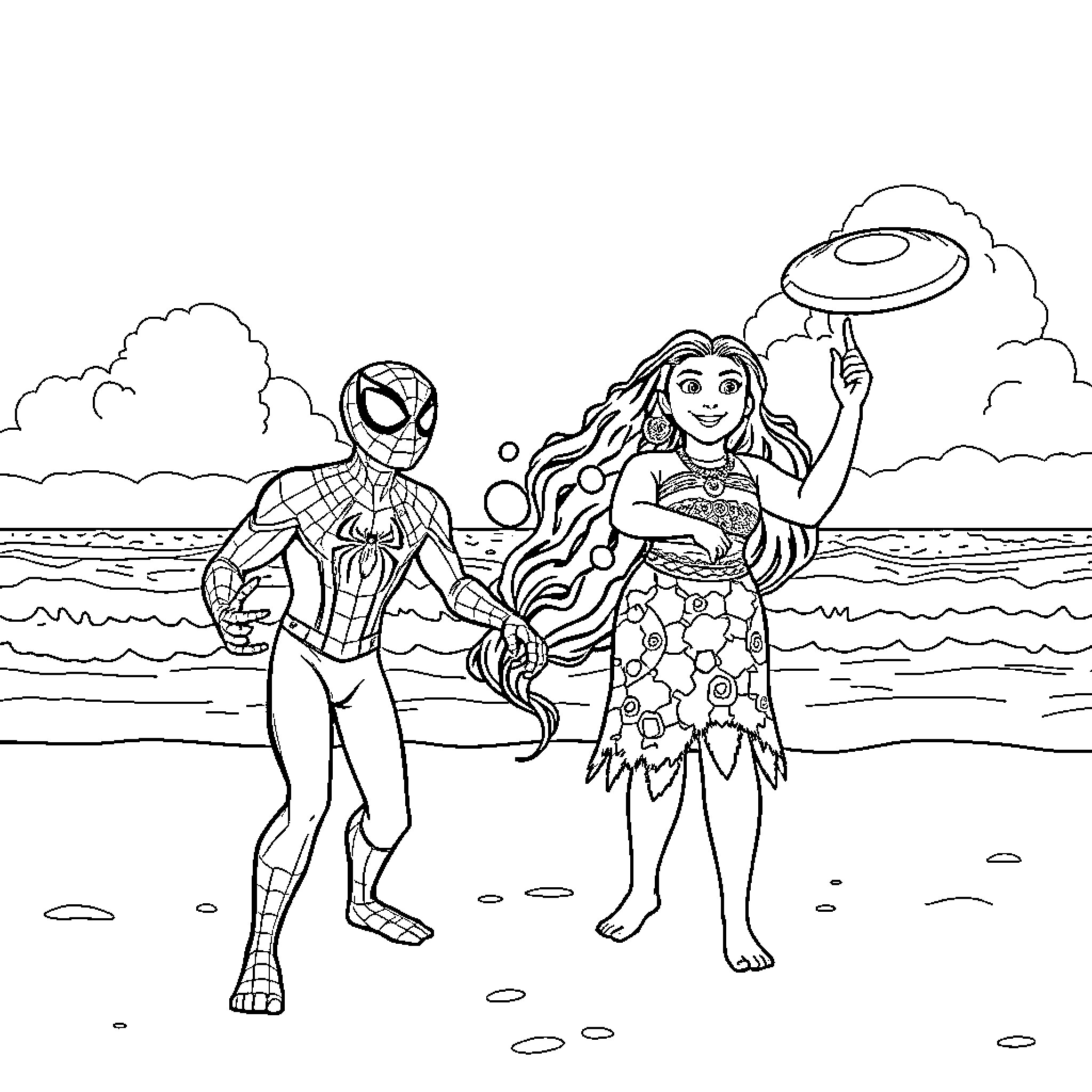 Spiderman Spends a Day at the Beach with a Colorful Companion Coloring Page (free black-and-white line drawing printable PDF for all, from beginners to advanced learners, including children, teens, adults, and seniors)
