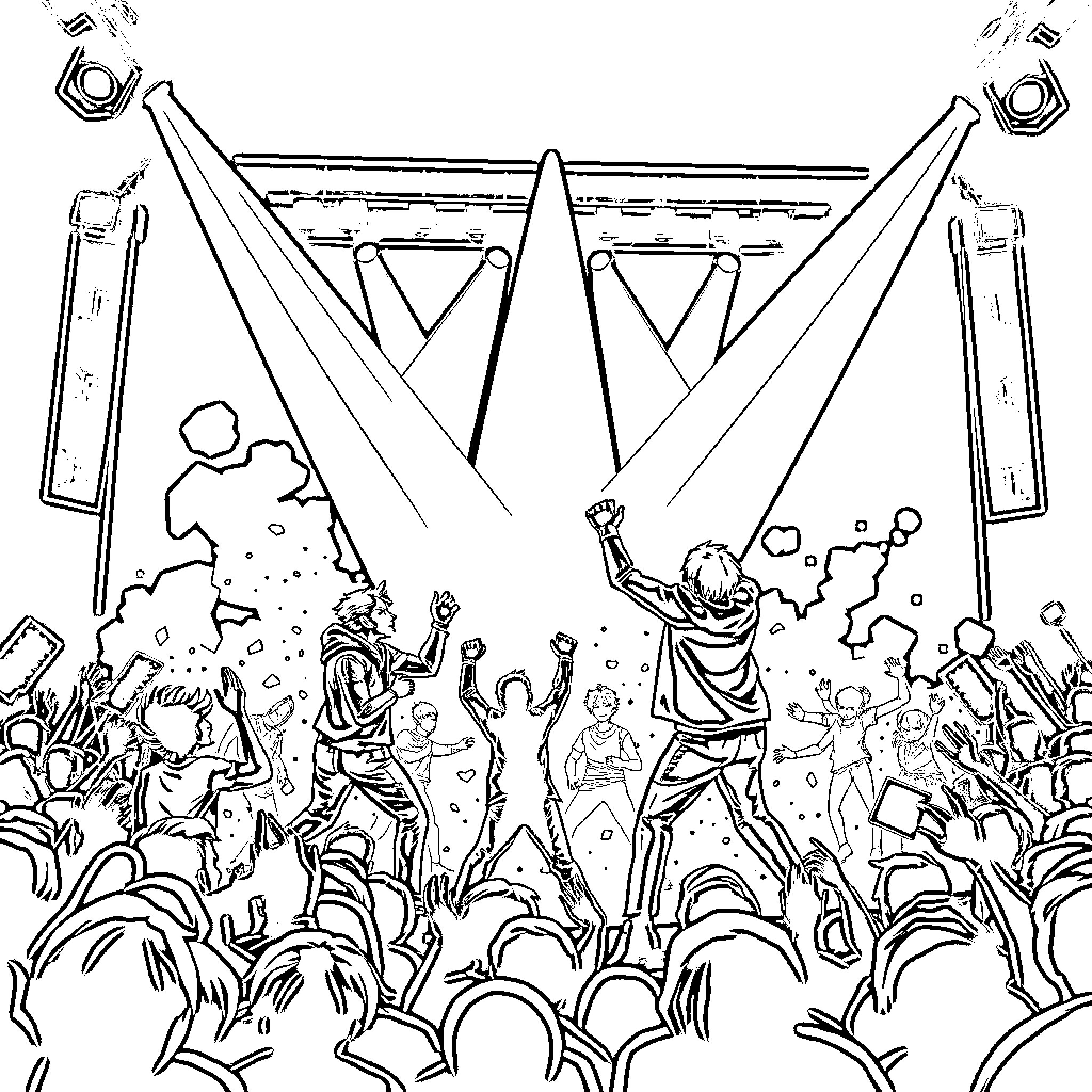K Pop Performers Energizing Crowd on Stage Coloring Page (free black-and-white line drawing printable PDF for all, from beginners to advanced learners, including children, teens, adults, and seniors)