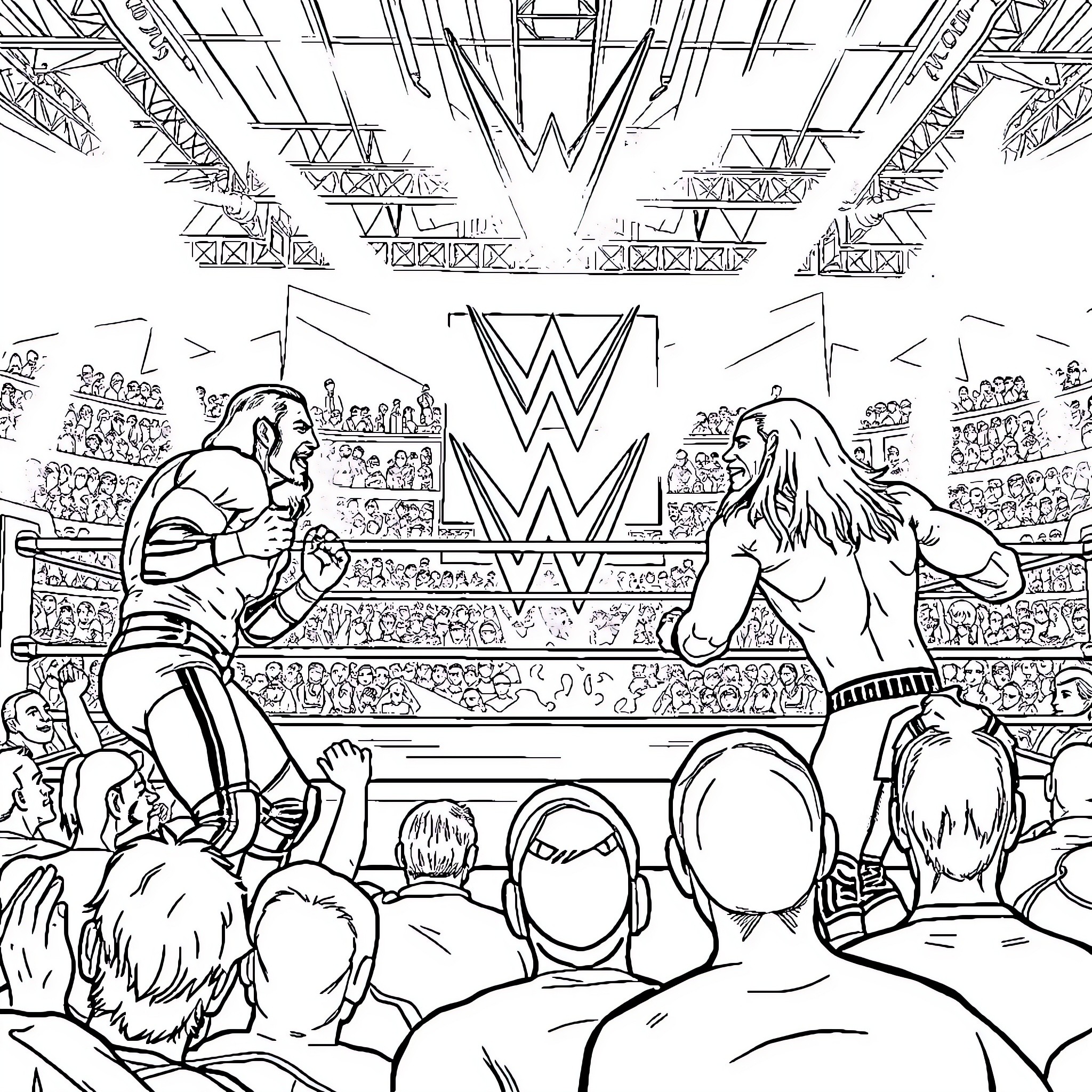 WWE Wrestlers Battling Intensely in Arena Coloring Page (free black-and-white line drawing printable PDF for all, from beginners to advanced learners, including children, teens, adults, and seniors)