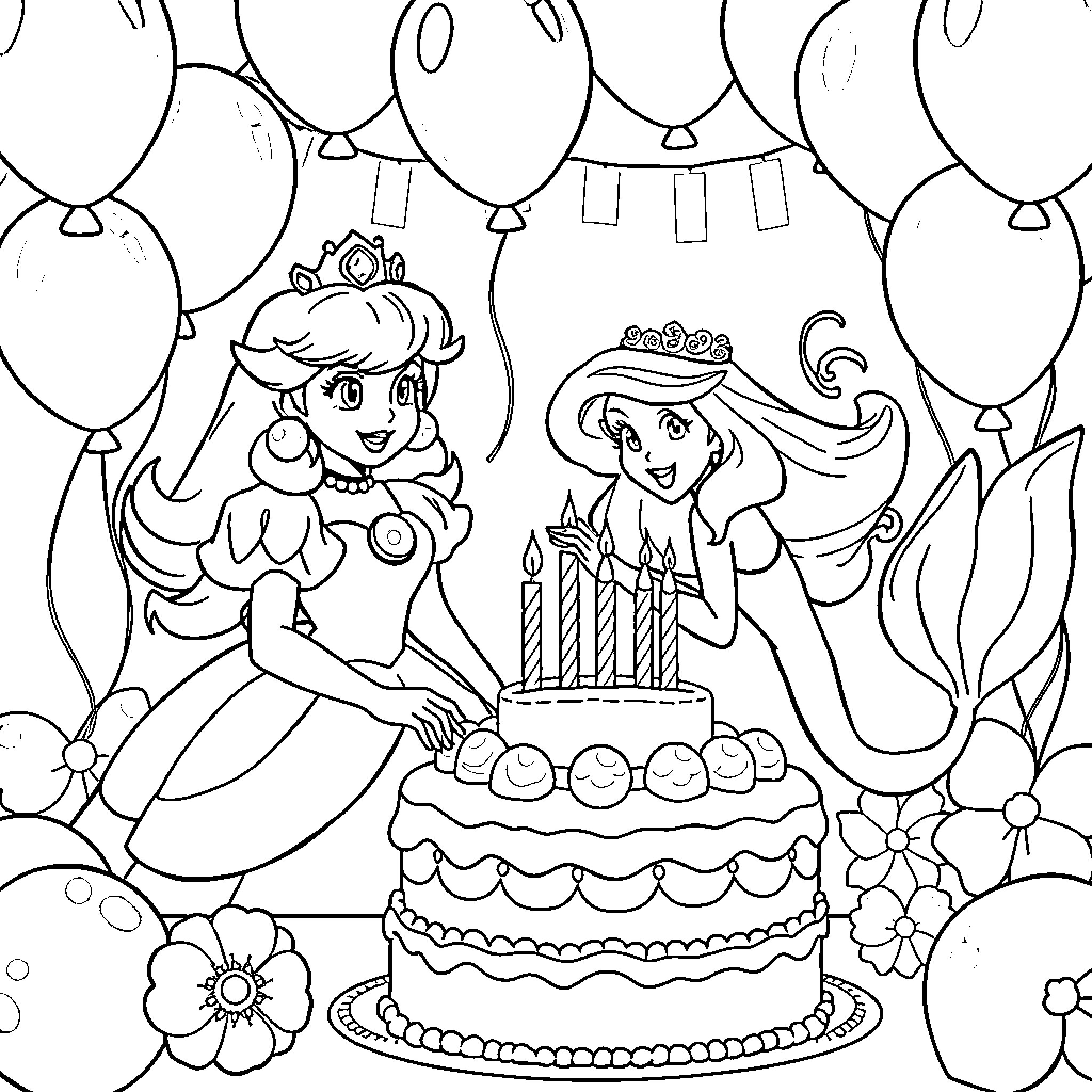 Princesses Celebrating a Birthday Party Coloring Page (free black-and-white line drawing printable PDF for all, from beginners to advanced learners, including children, teens, adults, and seniors)