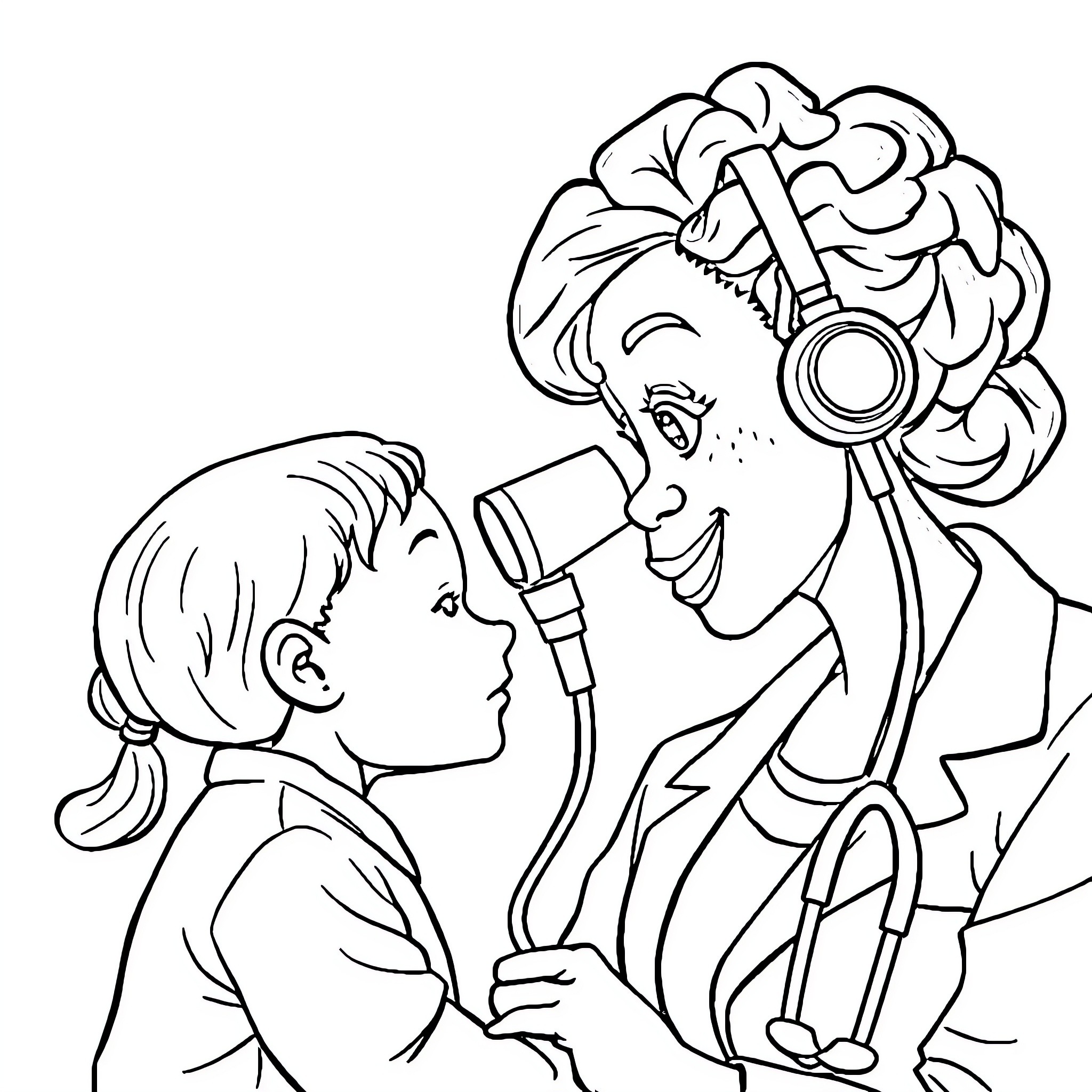 Doctor Examining Young Patient with Stethoscope Coloring Page (free black-and-white line drawing printable PDF for all, from beginners to advanced learners, including children, teens, adults, and seniors)