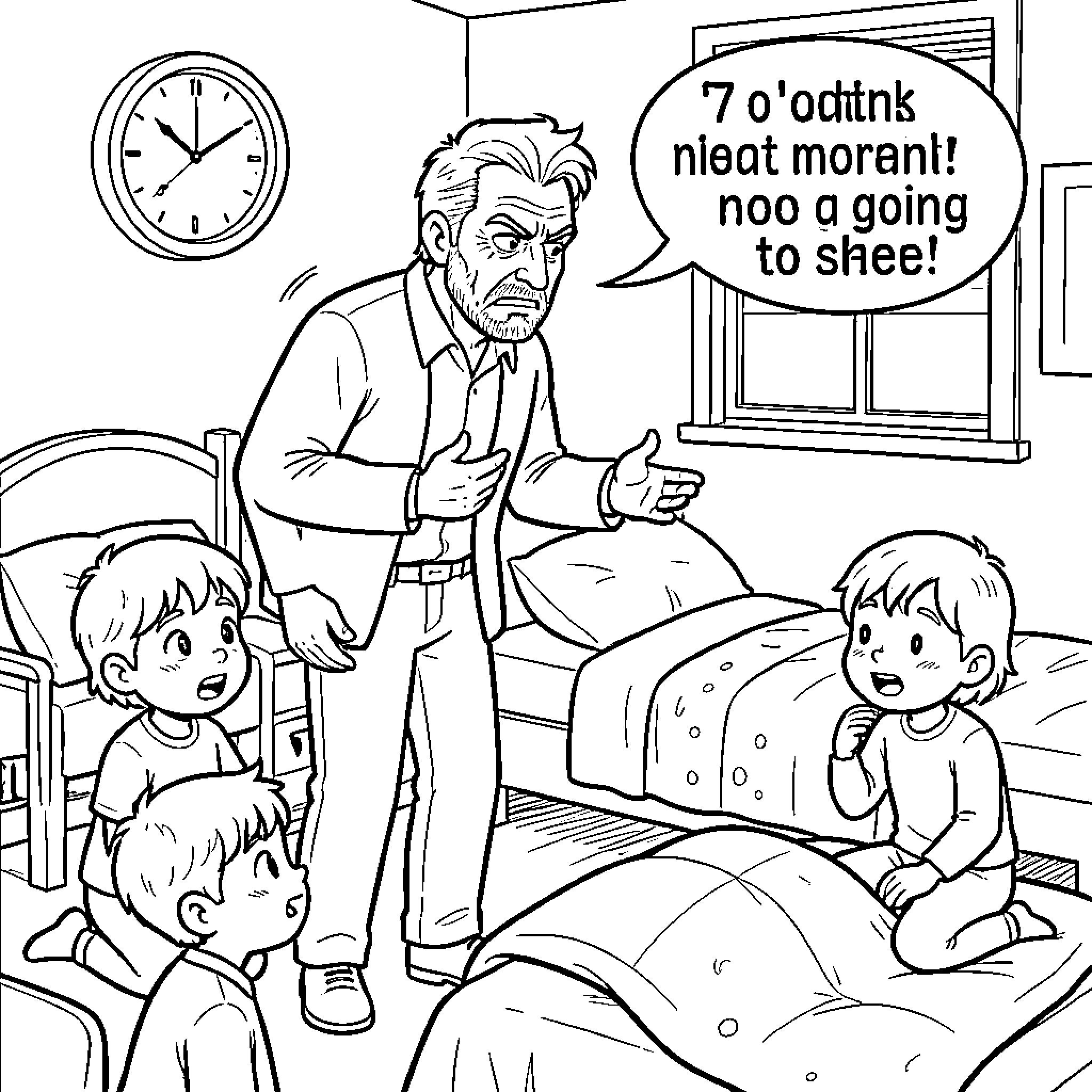 Bonhomme chastises children at bedtime Coloring Page (free black-and-white line drawing printable PDF for all, from beginners to advanced learners, including children, teens, adults, and seniors)