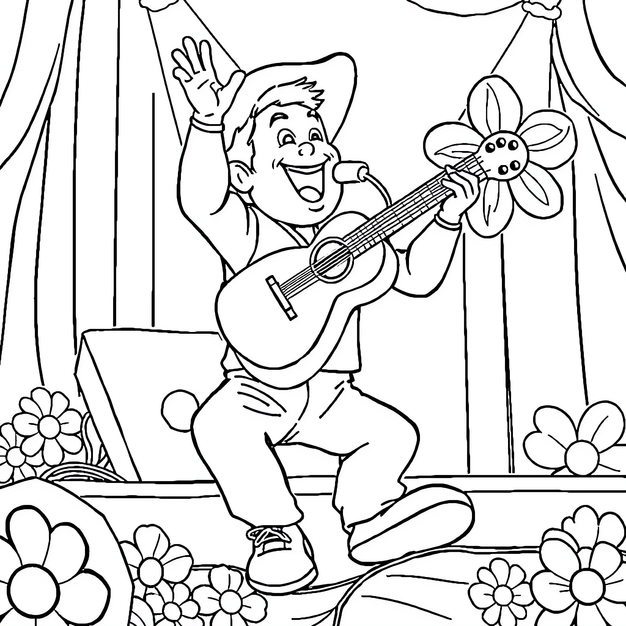 Huguito's Musical Performance with Floral Backdrop Coloring Page (free black-and-white line drawing printable PDF for all, from beginners to advanced learners, including children, teens, adults, and seniors)