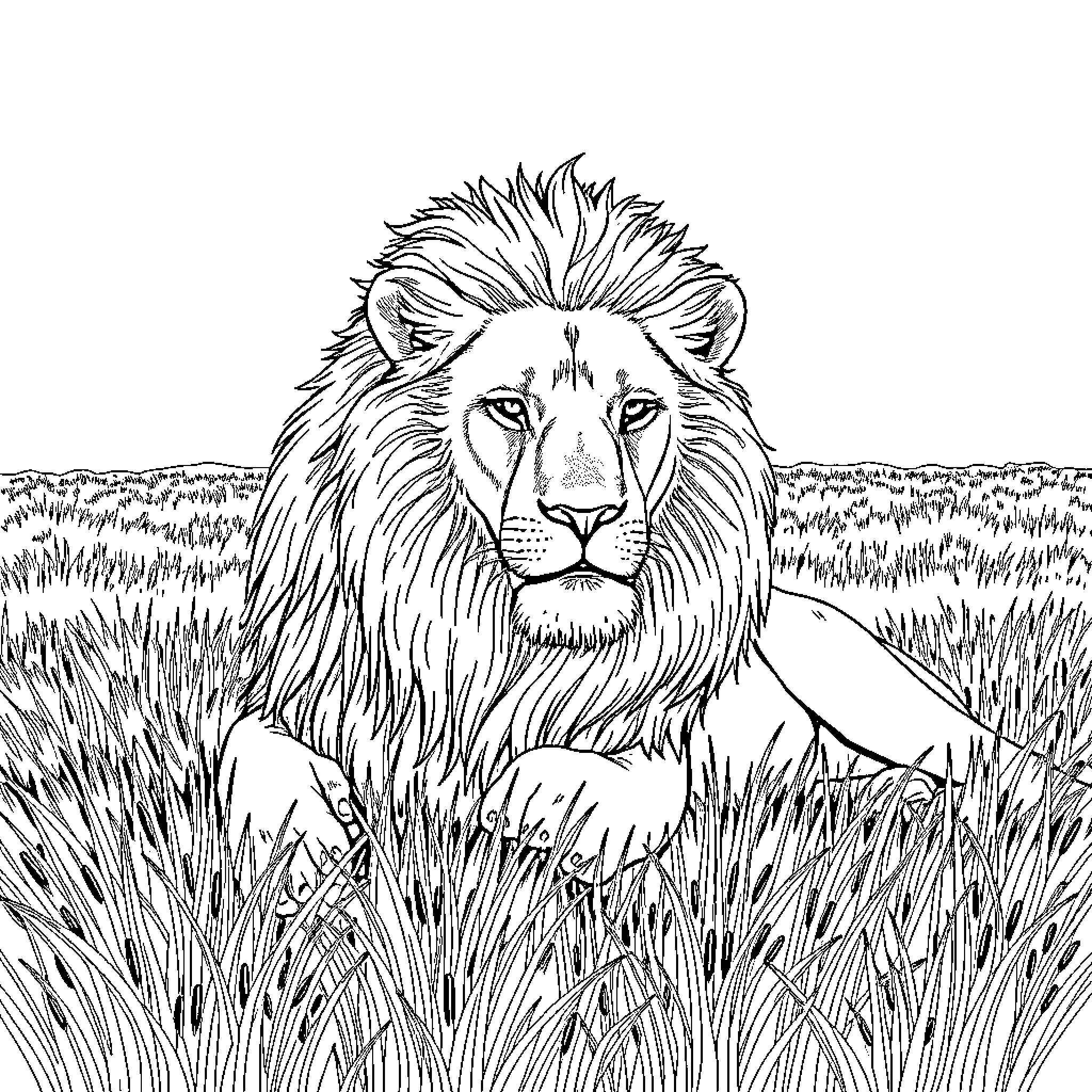 Lion resting majestically in the tall grass Coloring Page (free black-and-white line drawing printable PDF for all, from beginners to advanced learners, including children, teens, adults, and seniors)