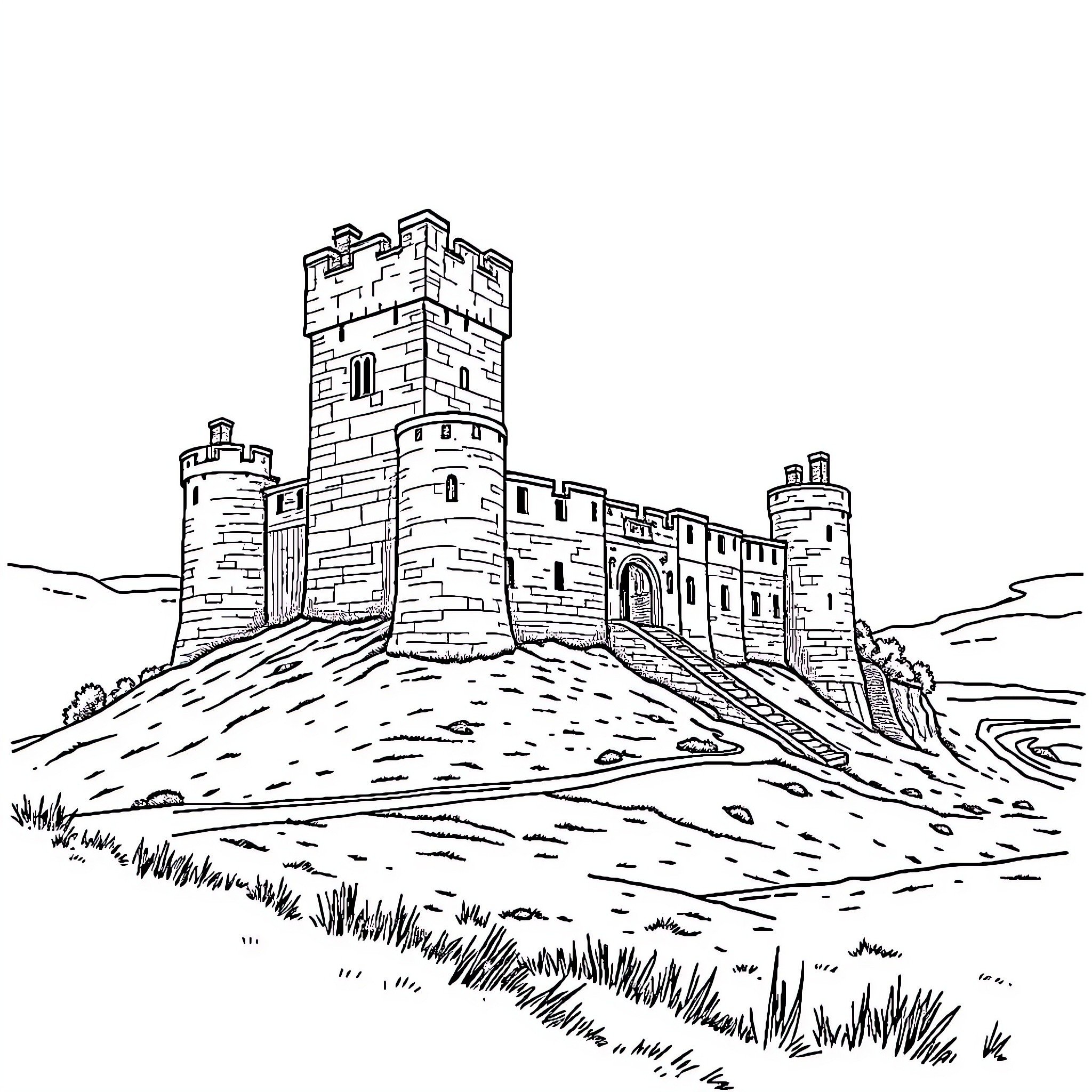 Castle guarding the hillside entrance Coloring Page (free black-and-white line drawing printable PDF for all, from beginners to advanced learners, including children, teens, adults, and seniors)