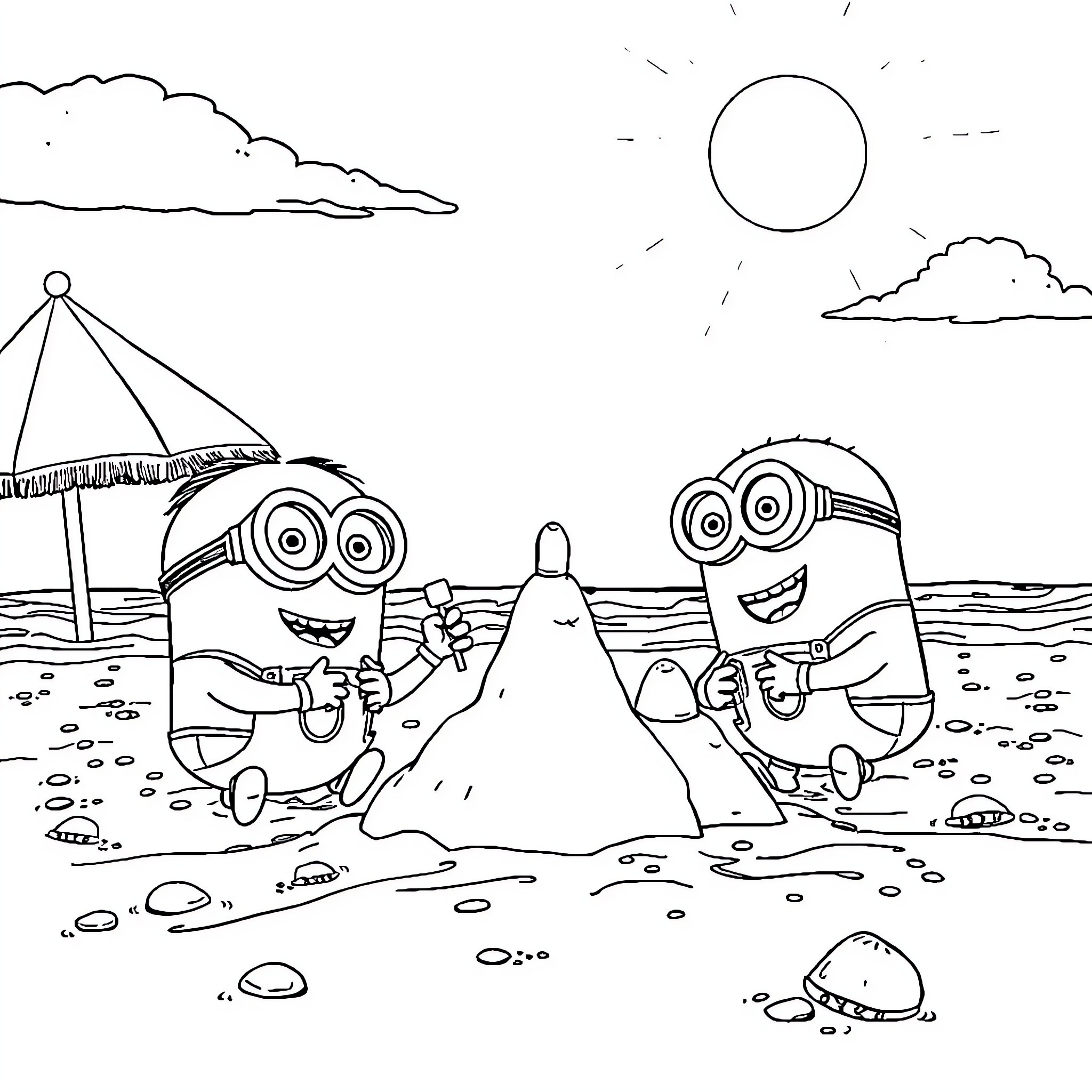 Minions enjoying a sunny day at the beach Coloring Page (free black-and-white line drawing printable PDF for all, from beginners to advanced learners, including children, teens, adults, and seniors)