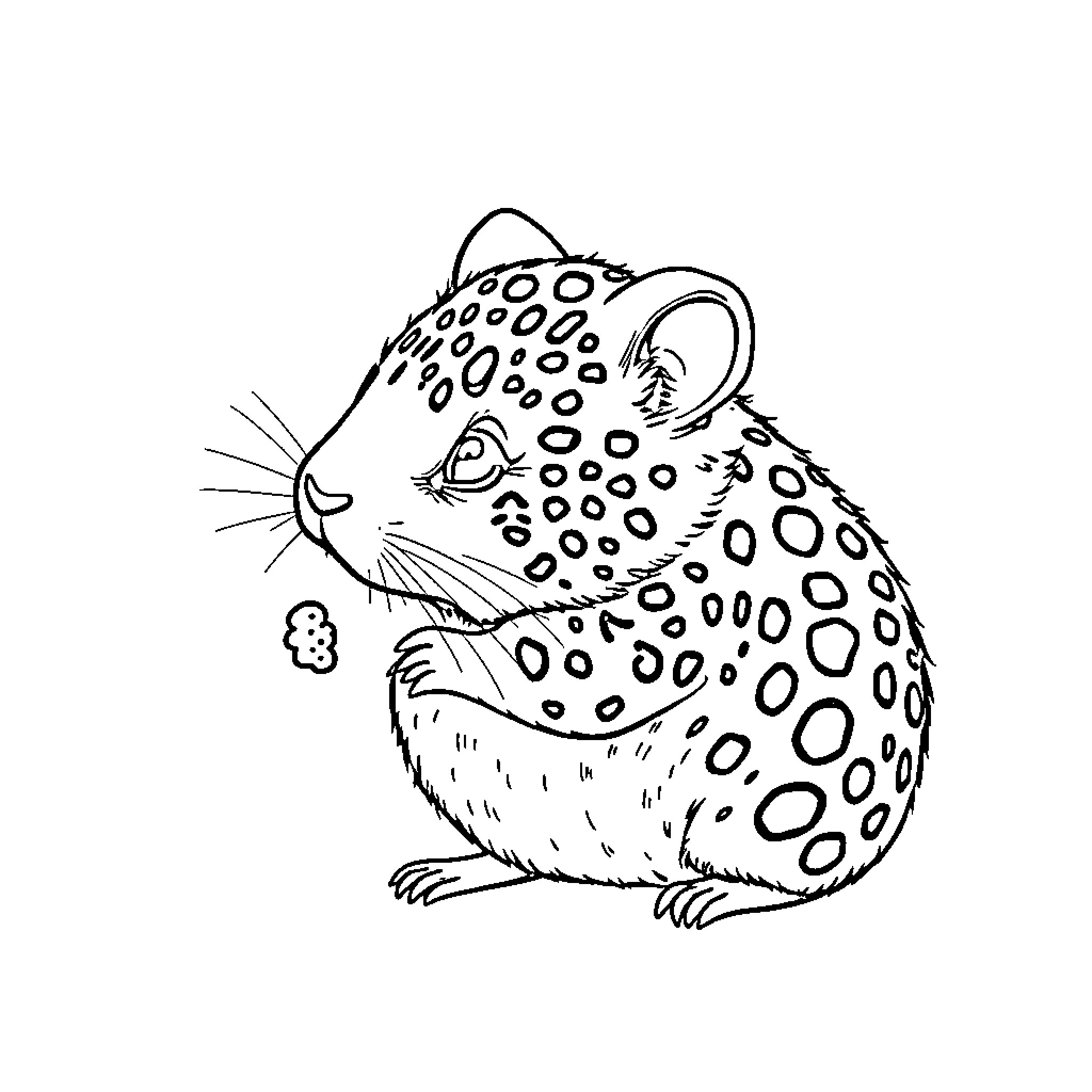 Hamster with spotted fur enjoying a snack Coloring Page (free black-and-white line drawing printable PDF for all, from beginners to advanced learners, including children, teens, adults, and seniors)