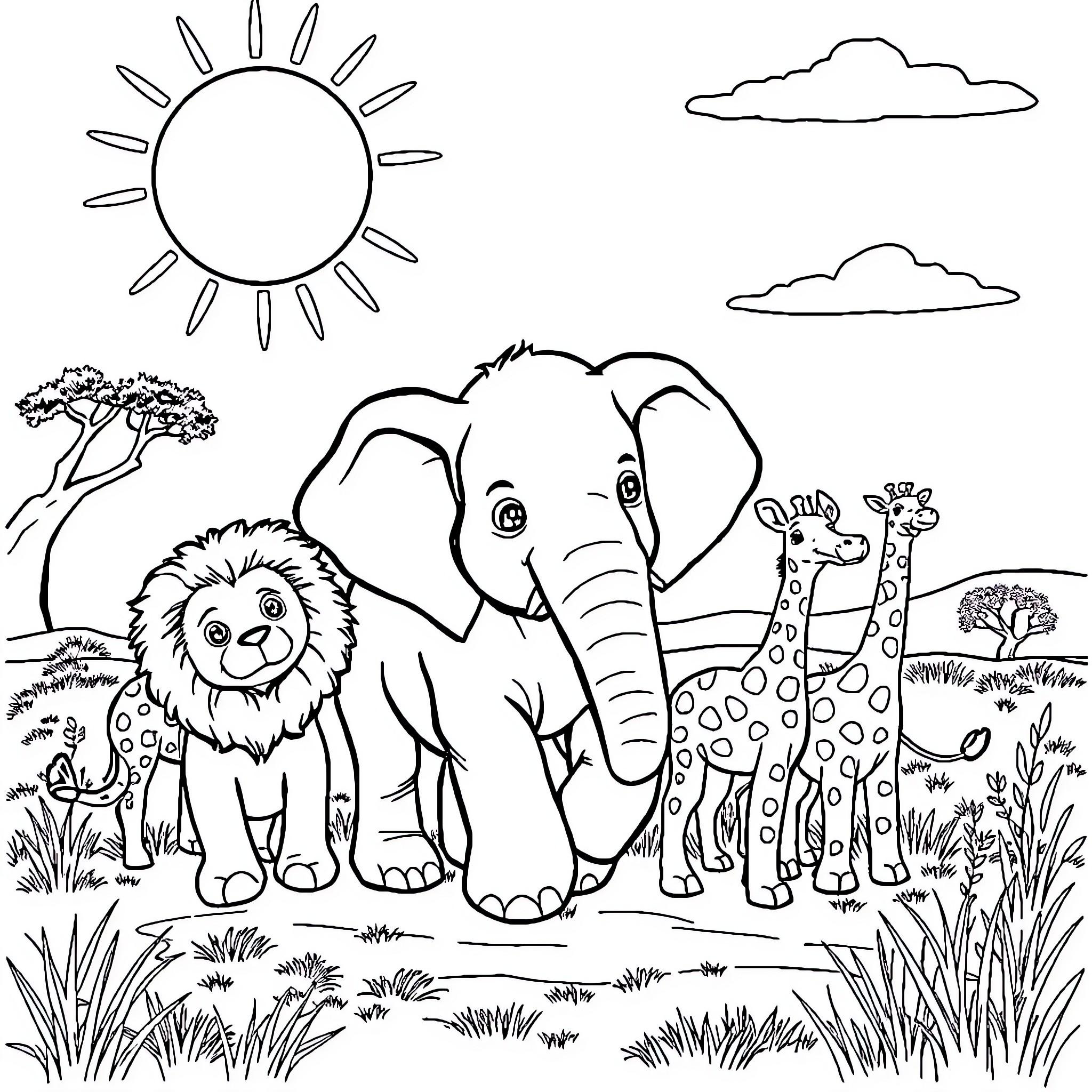 Animal friends exploring the serene savanna landscape Coloring Page (free black-and-white line drawing printable PDF for all, from beginners to advanced learners, including children, teens, adults, and seniors)