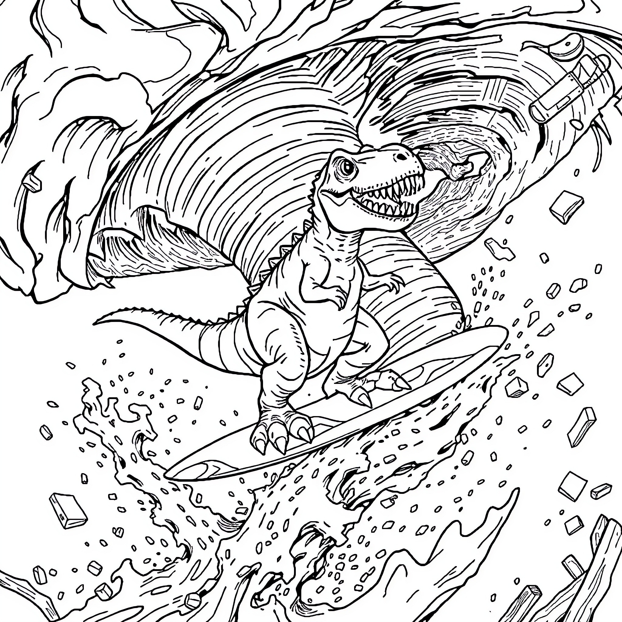T-Rex Surfing Amidst Turbulent Waves Coloring Page (free black-and-white line drawing printable PDF for all, from beginners to advanced learners, including children, teens, adults, and seniors)