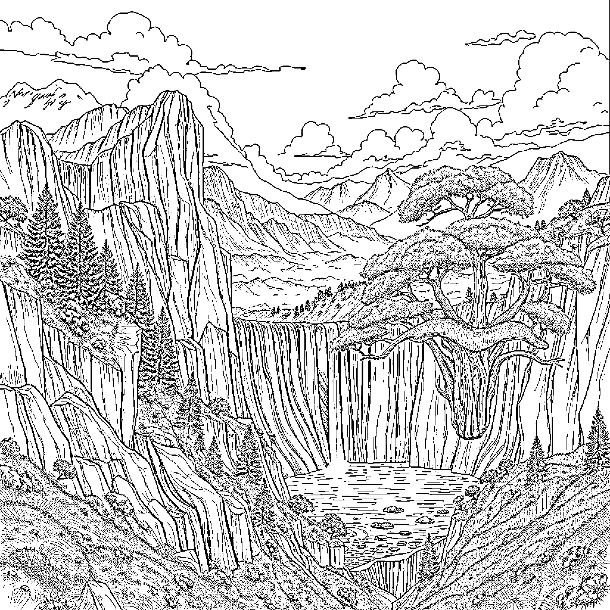 Paisaje de la majestuosa belleza natural de las montañas Coloring Page (free black-and-white line drawing printable PDF for all, from beginners to advanced learners, including children, teens, adults, and seniors)