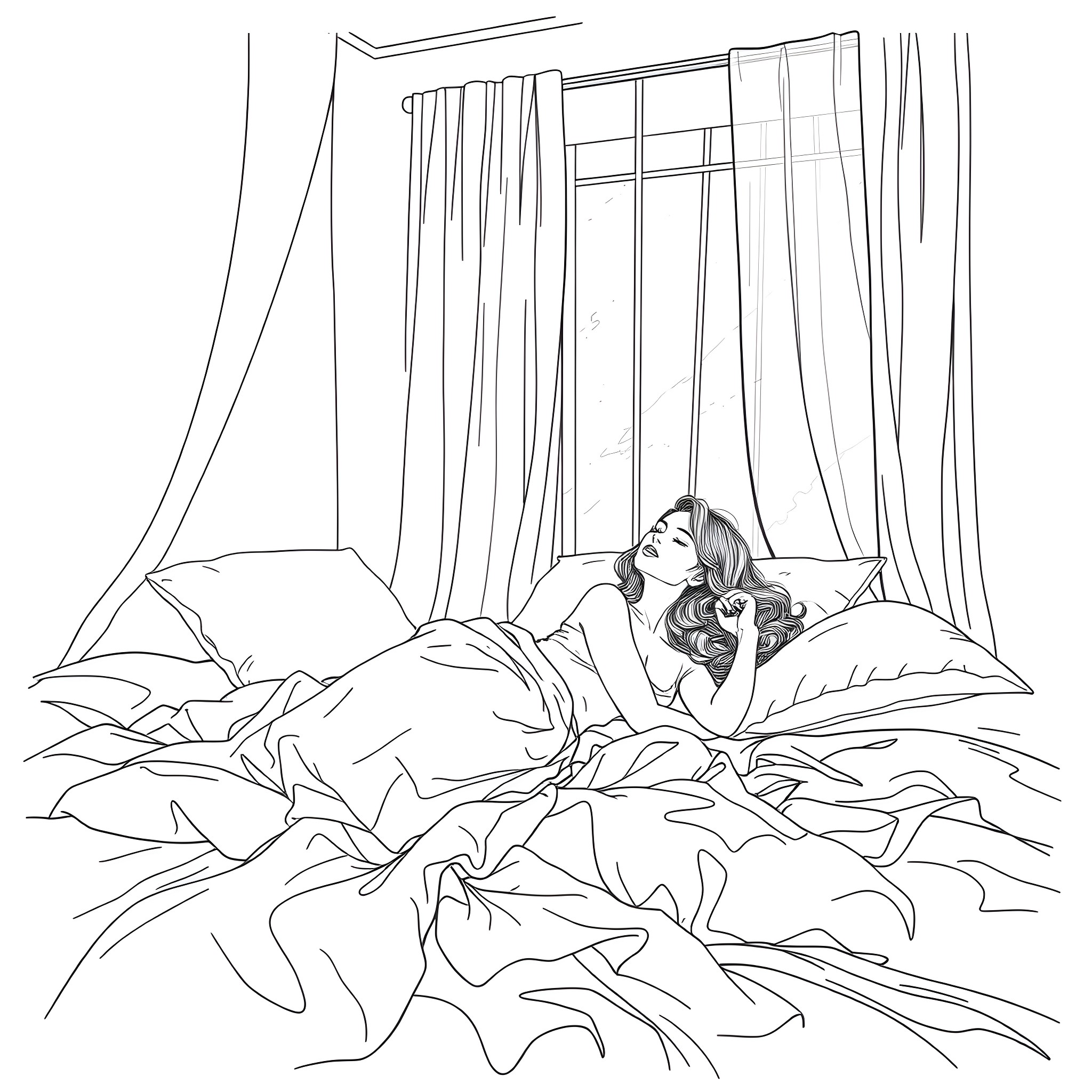 Woman resting peacefully in her bedroom Coloring Page (free black-and-white line drawing printable PDF for all, from beginners to advanced learners, including children, teens, adults, and seniors)