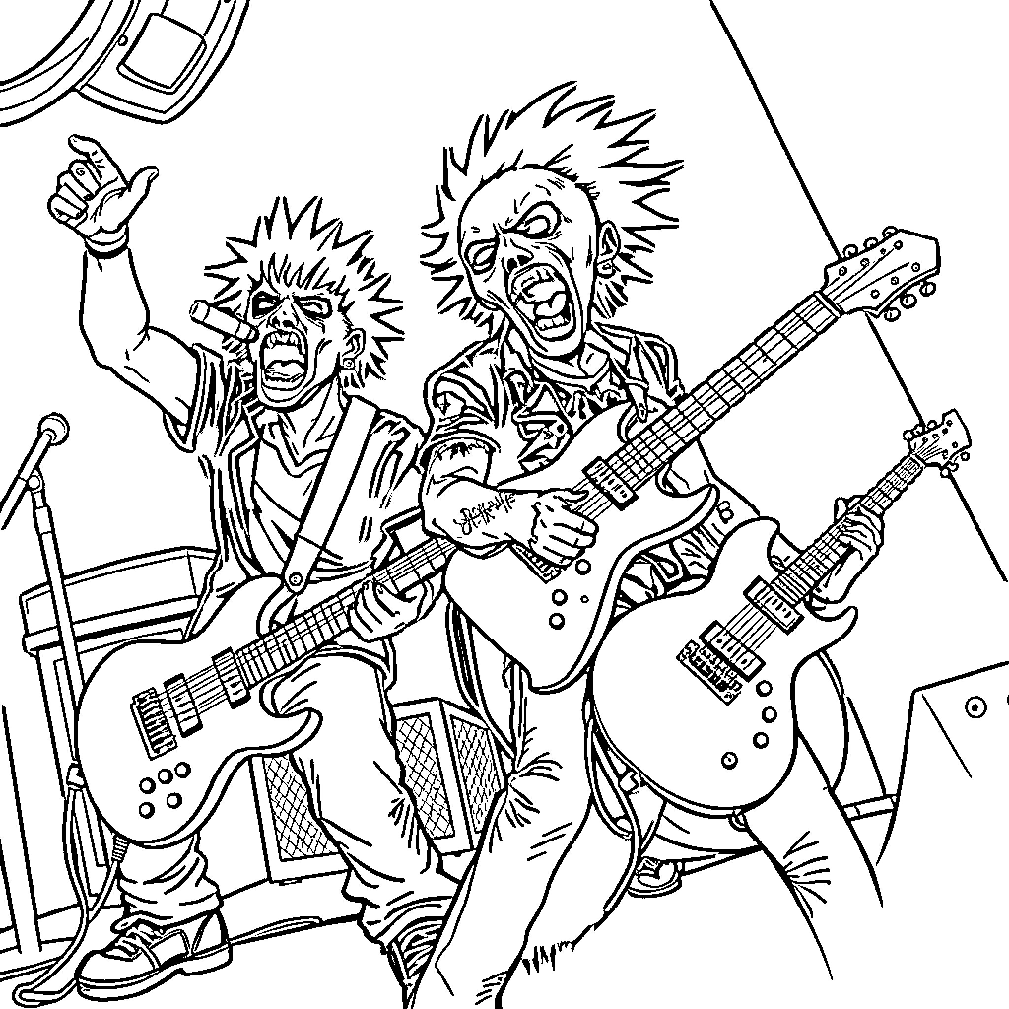 Punk rockers performing on stage with energy Coloring Page (free black-and-white line drawing printable PDF for all, from beginners to advanced learners, including children, teens, adults, and seniors)