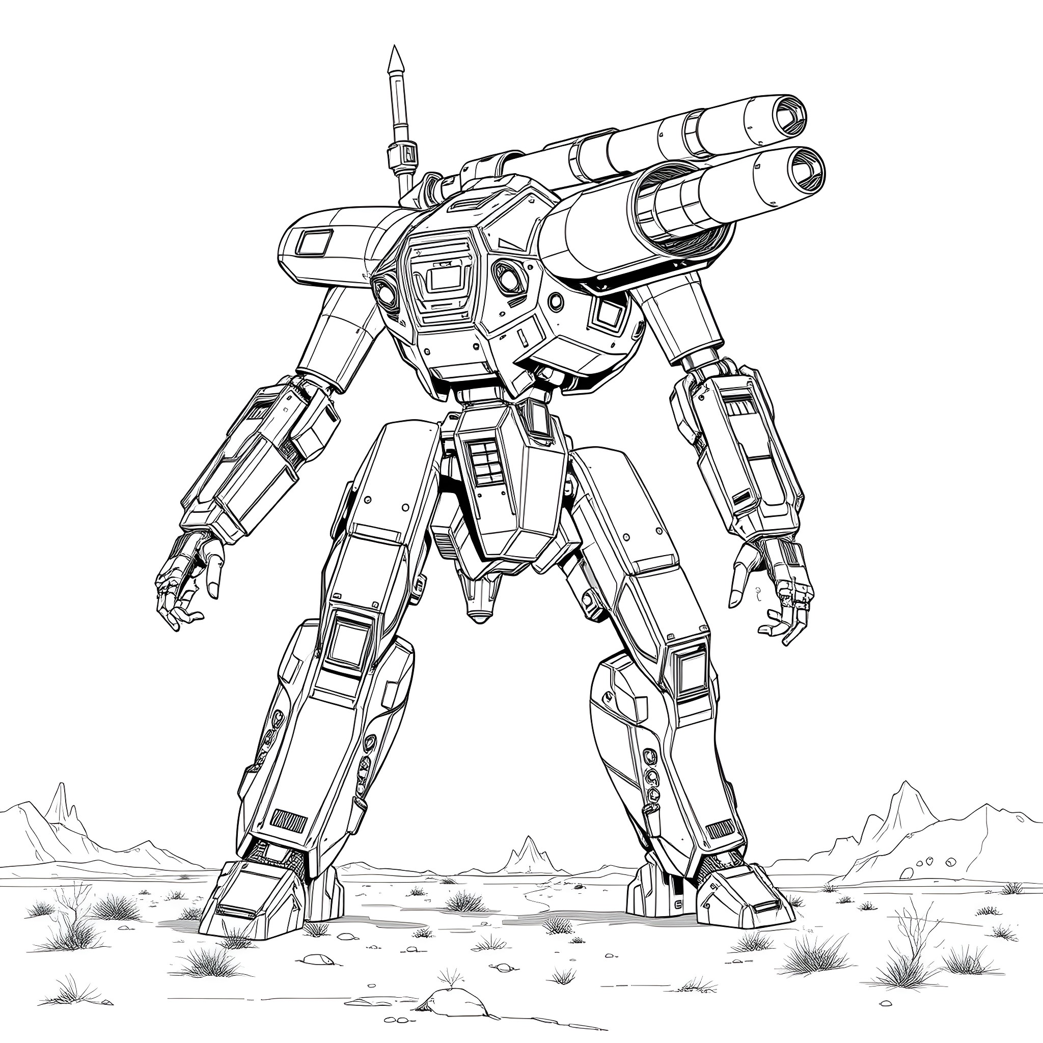 Nemesis: Formidable Mech Warrior in Desolate Landscape Coloring Page (free black-and-white line drawing printable PDF for all, from beginners to advanced learners, including children, teens, adults, and seniors)