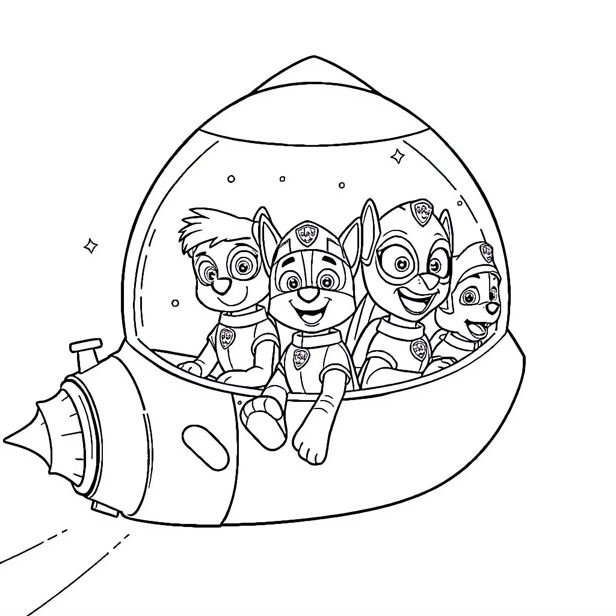 Spiderman and Friends Exploring Space in a Rocket Coloring Page (free black-and-white line drawing printable PDF for all, from beginners to advanced learners, including children, teens, adults, and seniors)