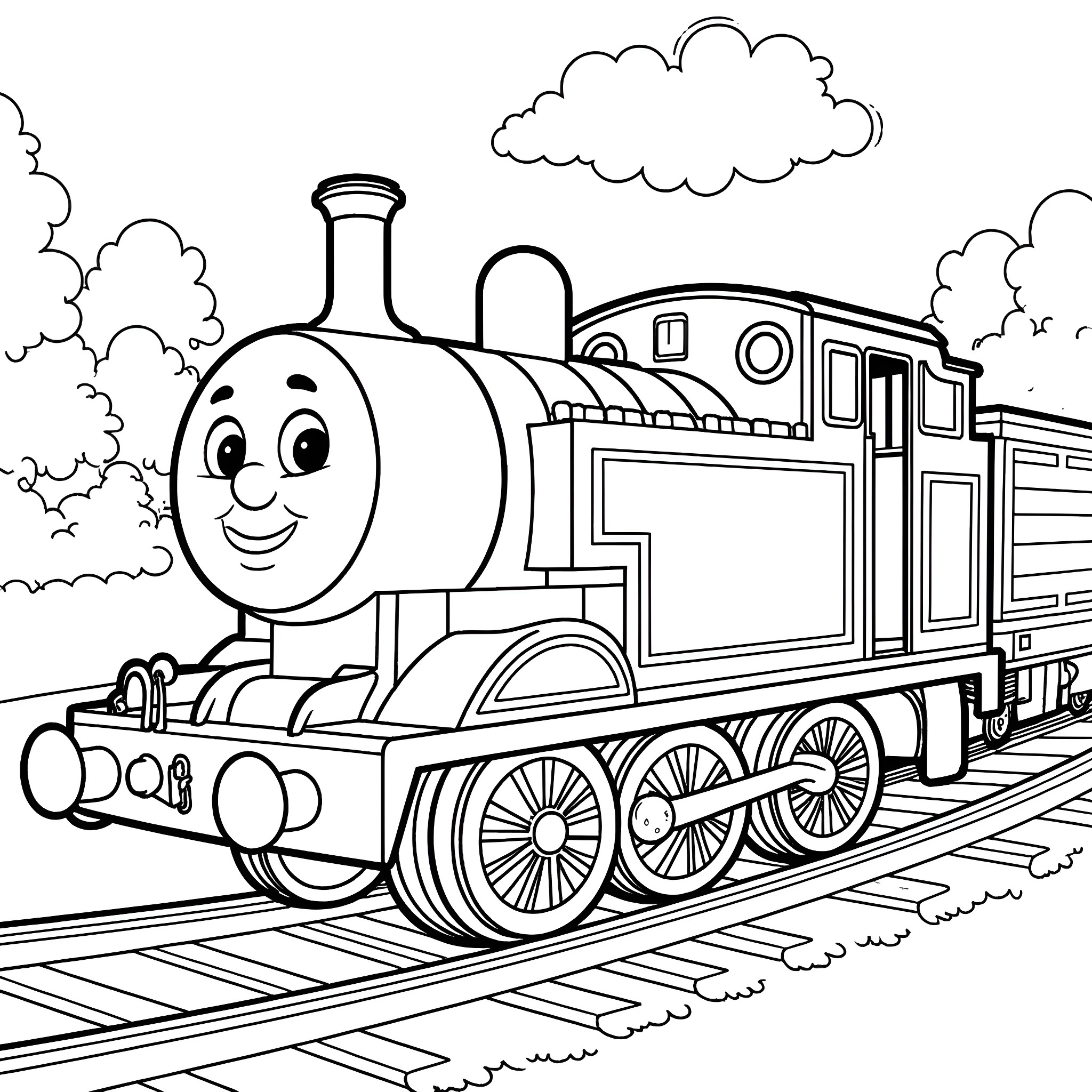 Thomas the happy train on the railroad tracks Coloring Page (free black-and-white line drawing printable PDF for all, from beginners to advanced learners, including children, teens, adults, and seniors)