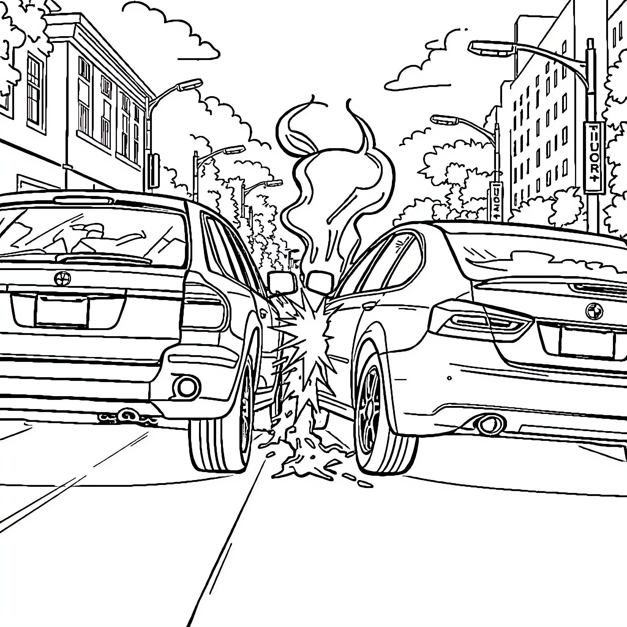 Car Accident Scene on City Street Coloring Page (free black-and-white line drawing printable PDF for all, from beginners to advanced learners, including children, teens, adults, and seniors)