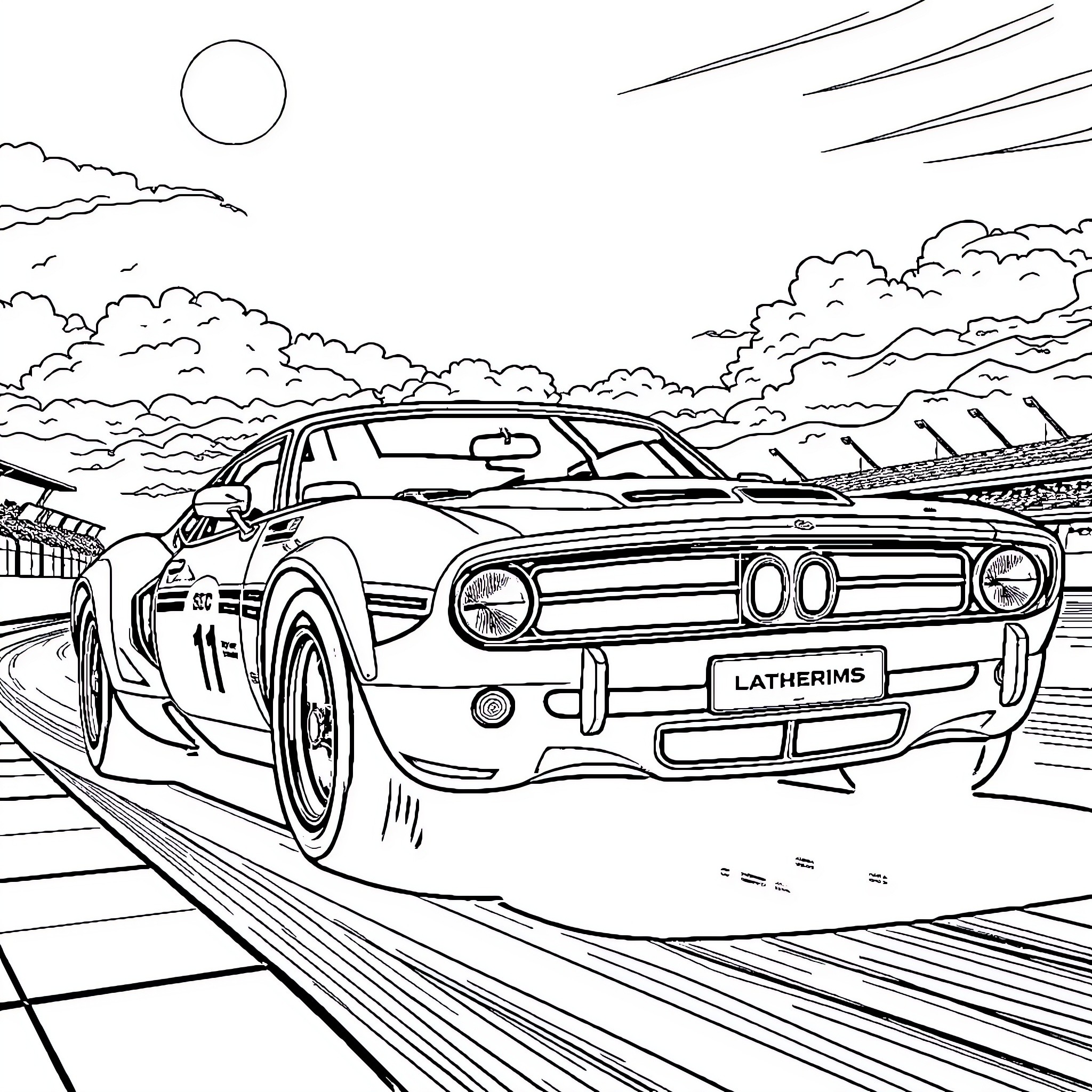 Super Car Racing on Winding Mountain Road Coloring Page (free black-and-white line drawing printable PDF for all, from beginners to advanced learners, including children, teens, adults, and seniors)