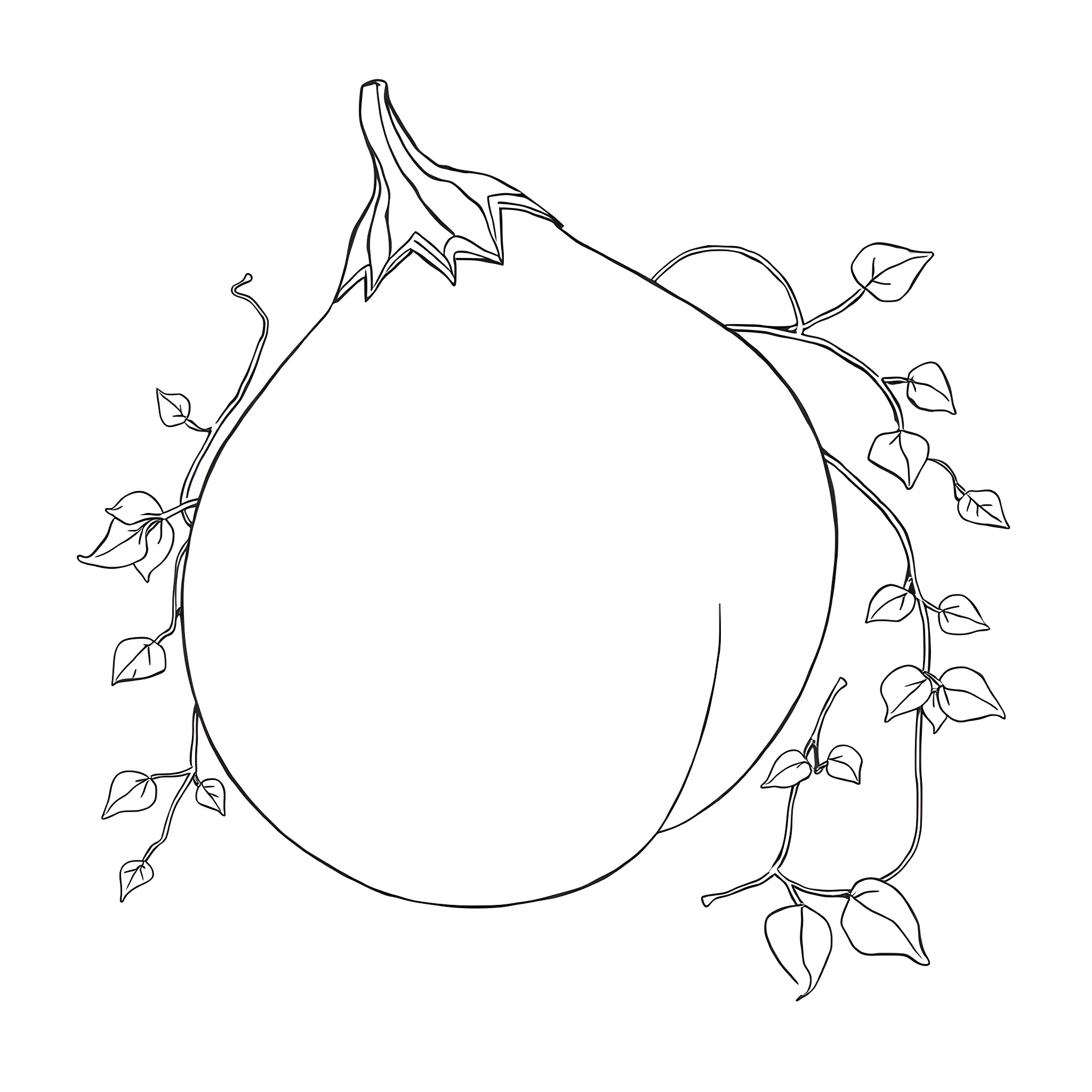 Eggplant with vines and leaves Coloring Page (free black-and-white line drawing printable PDF for all, from beginners to advanced learners, including children, teens, adults, and seniors)