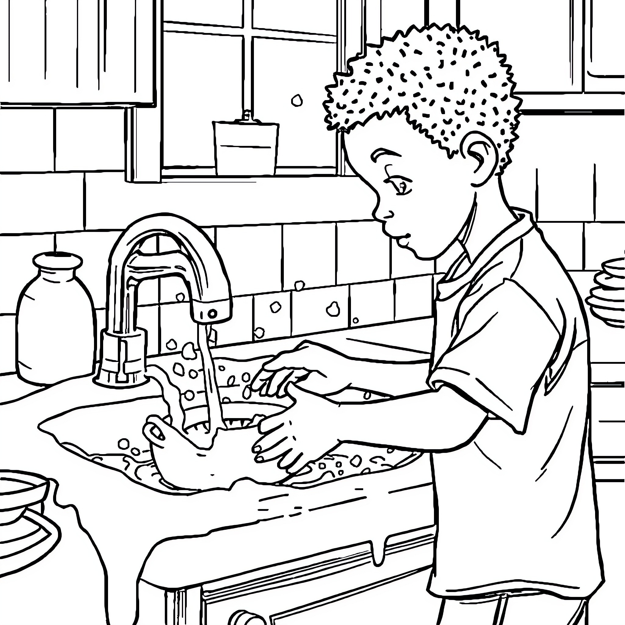Boy washing dishes in the kitchen Coloring Page (free black-and-white line drawing printable PDF for all, from beginners to advanced learners, including children, teens, adults, and seniors)