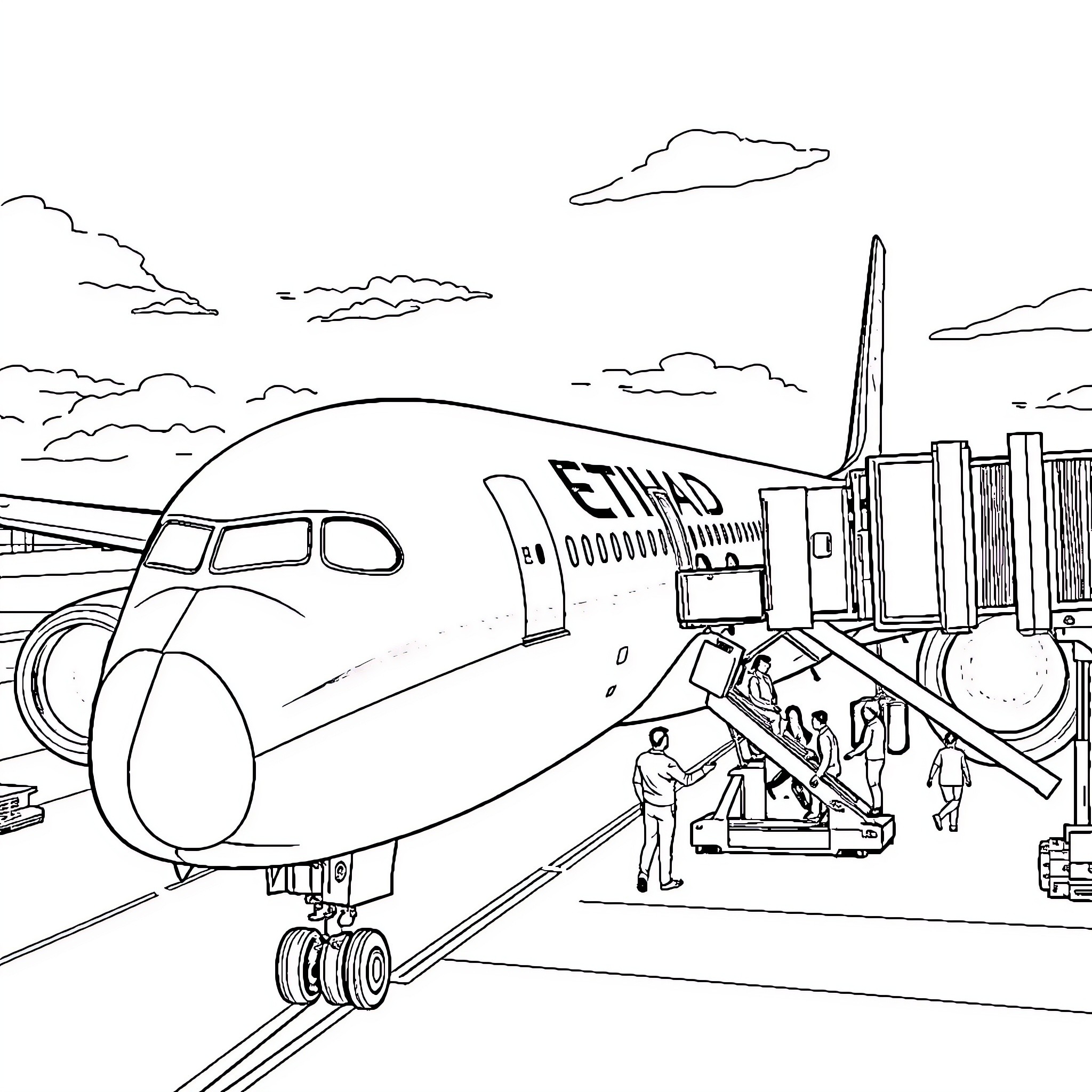 Boeing 787 aircraft at airport terminal Coloring Page (free black-and-white line drawing printable PDF for all, from beginners to advanced learners, including children, teens, adults, and seniors)
