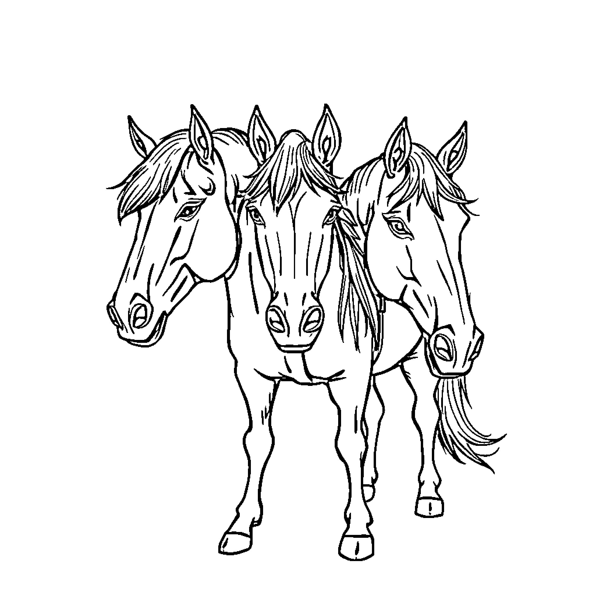 Three-Headed Horse Trio Galloping Together Coloring Page (free black-and-white line drawing printable PDF for all, from beginners to advanced learners, including children, teens, adults, and seniors)