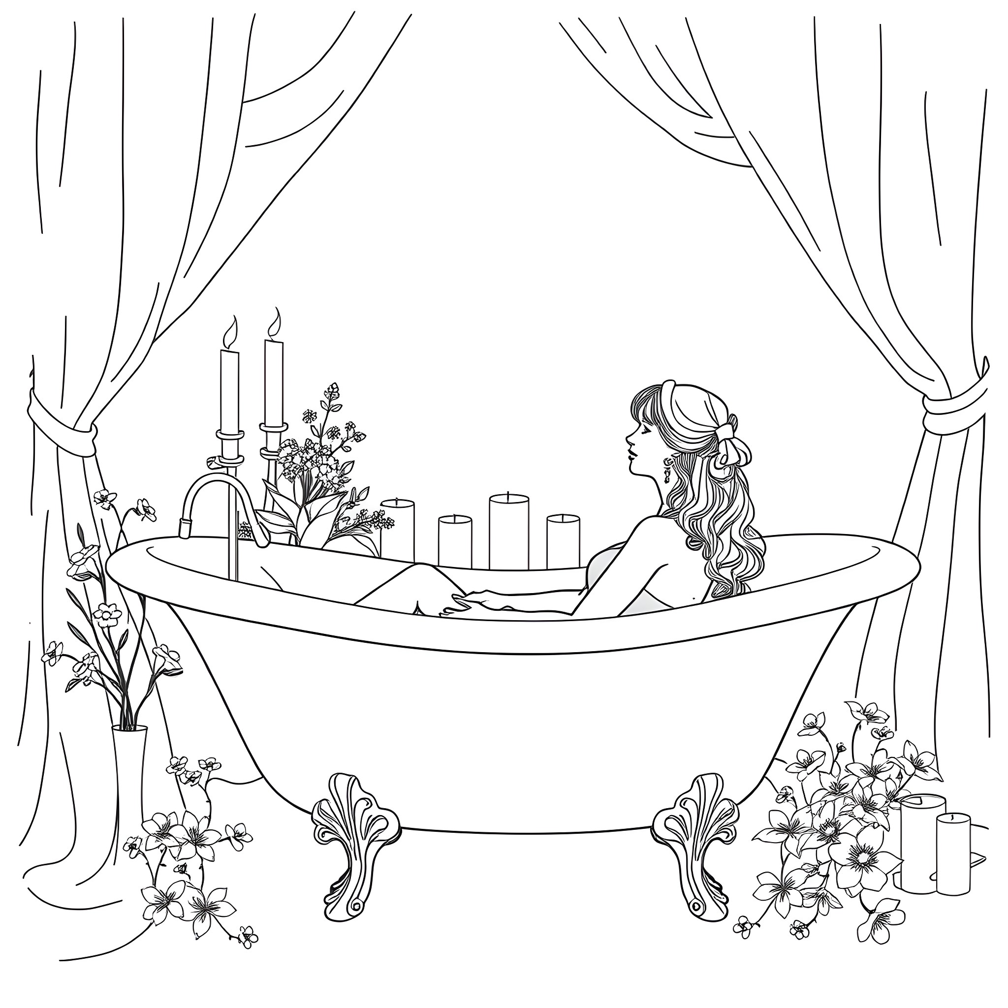 Woman relaxing in a floral bathtub Coloring Page (free black-and-white line drawing printable PDF for all, from beginners to advanced learners, including children, teens, adults, and seniors)