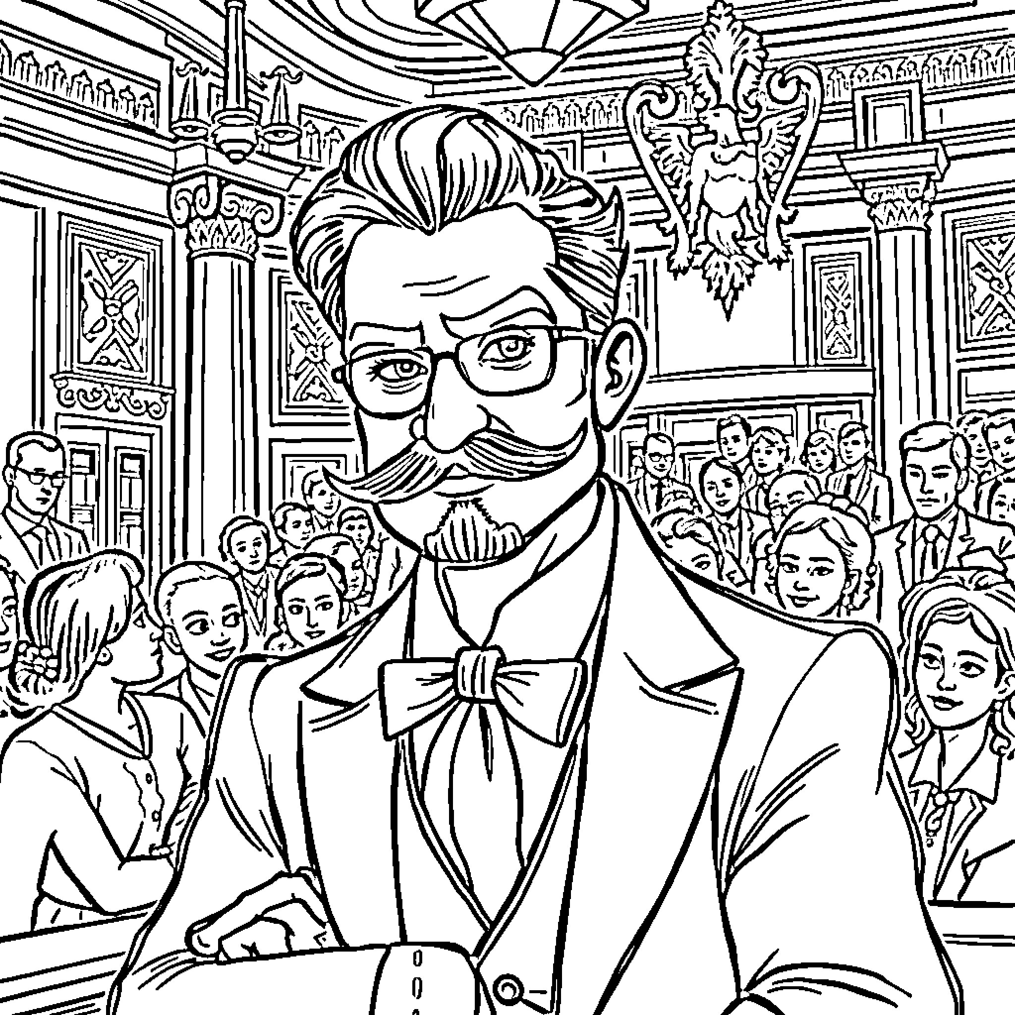 Lawyer presenting case in a courtroom setting Coloring Page (free black-and-white line drawing printable PDF for all, from beginners to advanced learners, including children, teens, adults, and seniors)