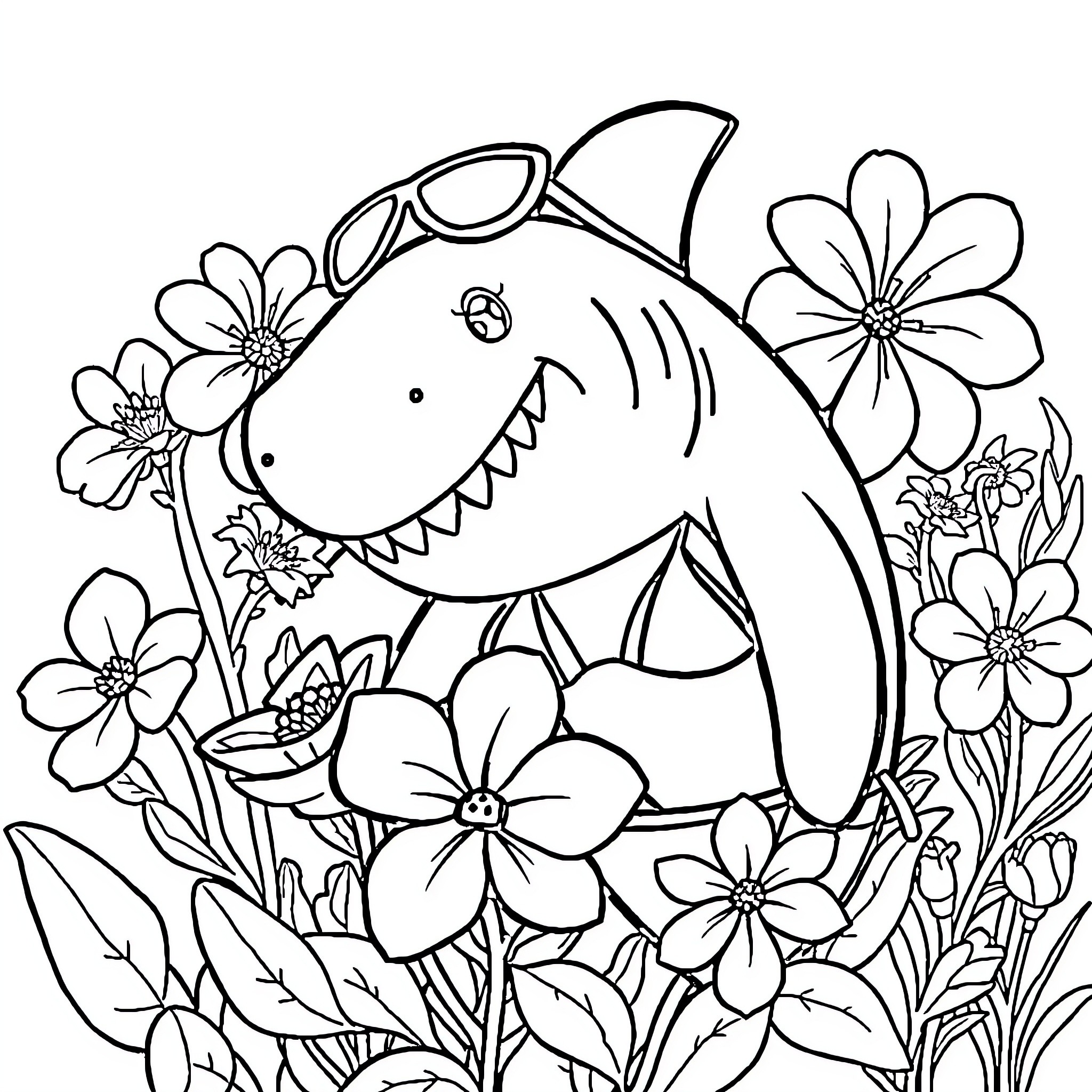 Shark surrounded by vibrant flowers Coloring Page (free black-and-white line drawing printable PDF for all, from beginners to advanced learners, including children, teens, adults, and seniors)