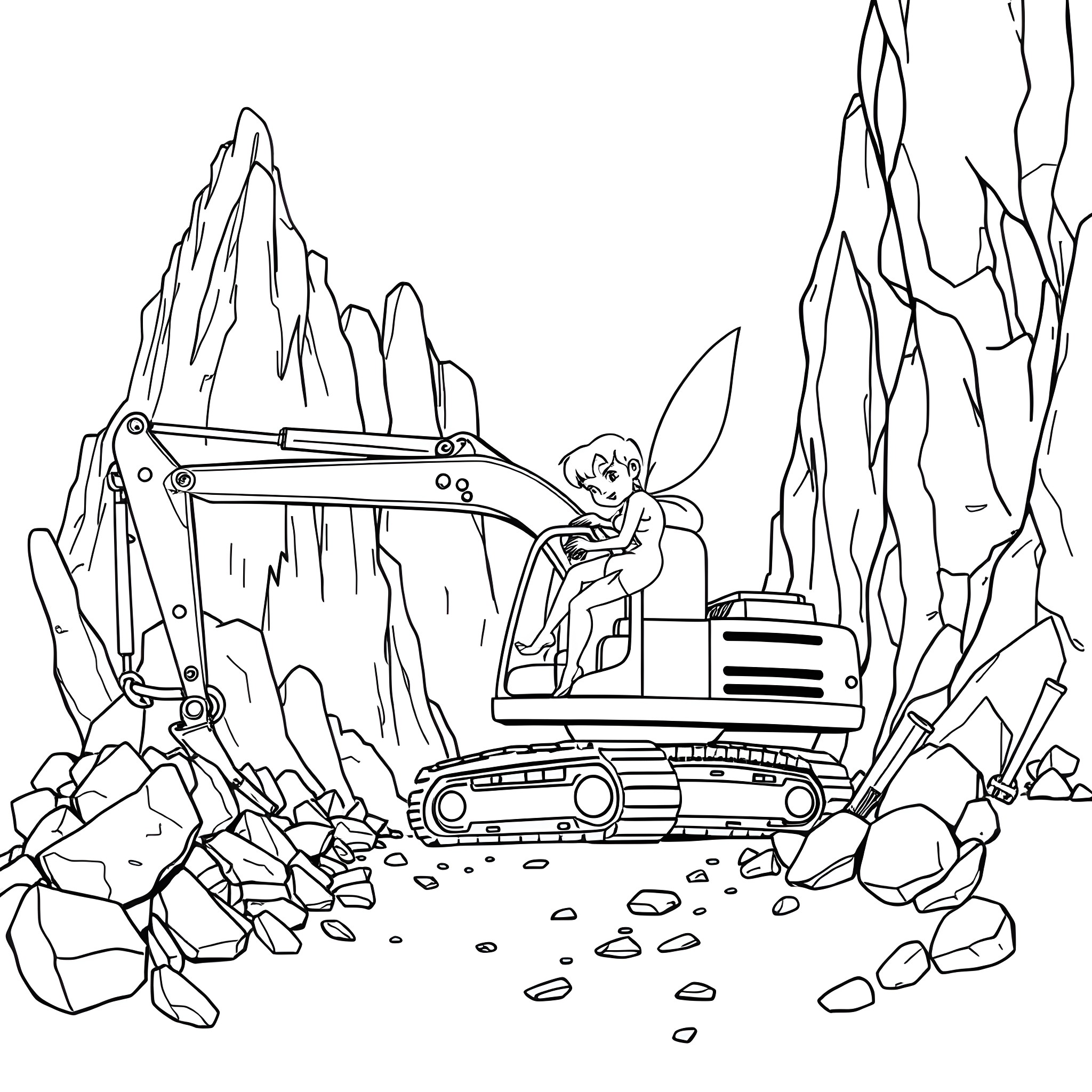 Tinkerbell operating heavy machinery in rocky landscape Coloring Page (free black-and-white line drawing printable PDF for all, from beginners to advanced learners, including children, teens, adults, and seniors)