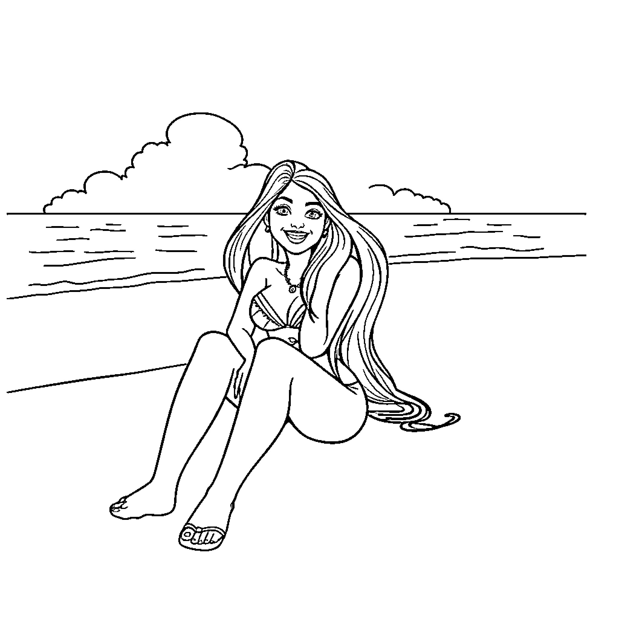 Elvira relaxing by the ocean Coloring Page (free black-and-white line drawing printable PDF for all, from beginners to advanced learners, including children, teens, adults, and seniors)