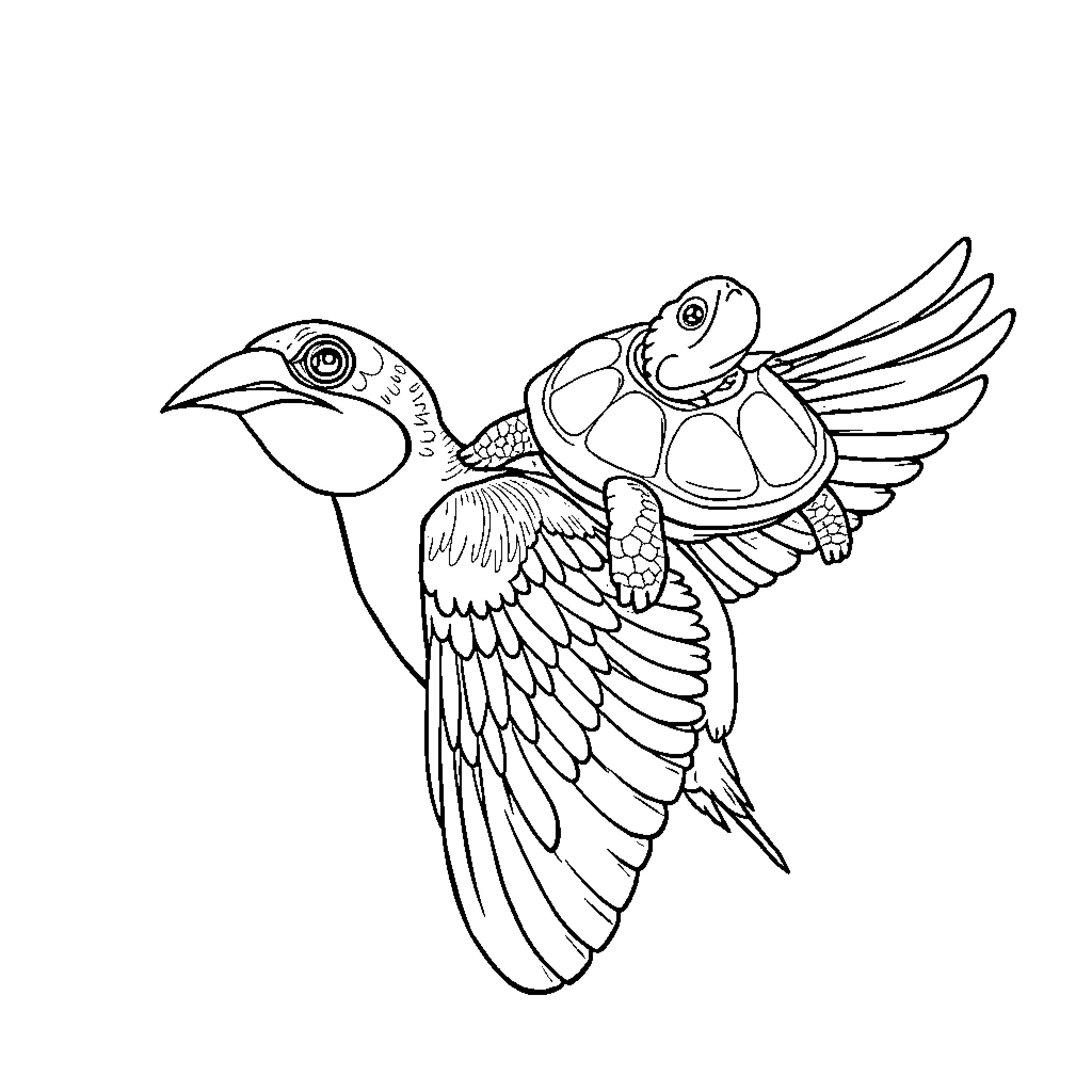 Turtle bird flying in whimsical style Coloring Page (free black-and-white line drawing printable PDF for all, from beginners to advanced learners, including children, teens, adults, and seniors)