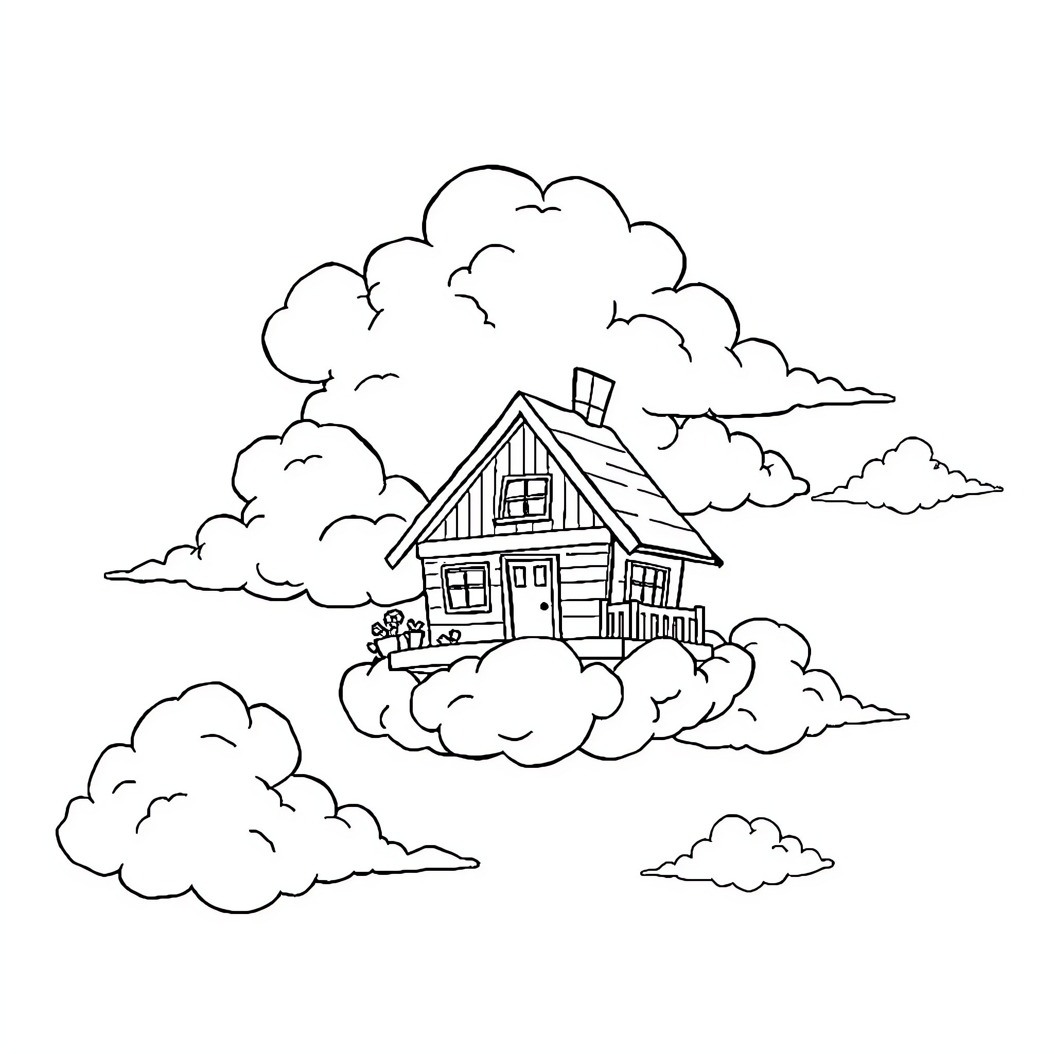 Home amidst whimsical clouds in the sky Coloring Page (free black-and-white line drawing printable PDF for all, from beginners to advanced learners, including children, teens, adults, and seniors)
