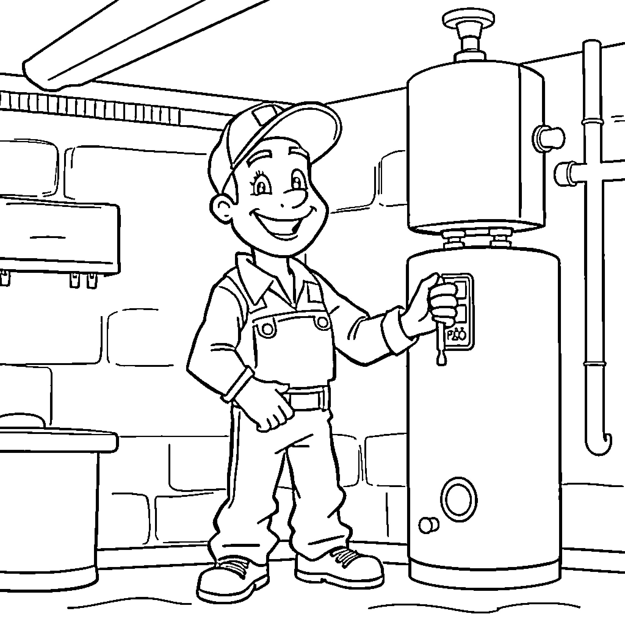 Plumber working diligently in the garage Coloring Page (free black-and-white line drawing printable PDF for all, from beginners to advanced learners, including children, teens, adults, and seniors)