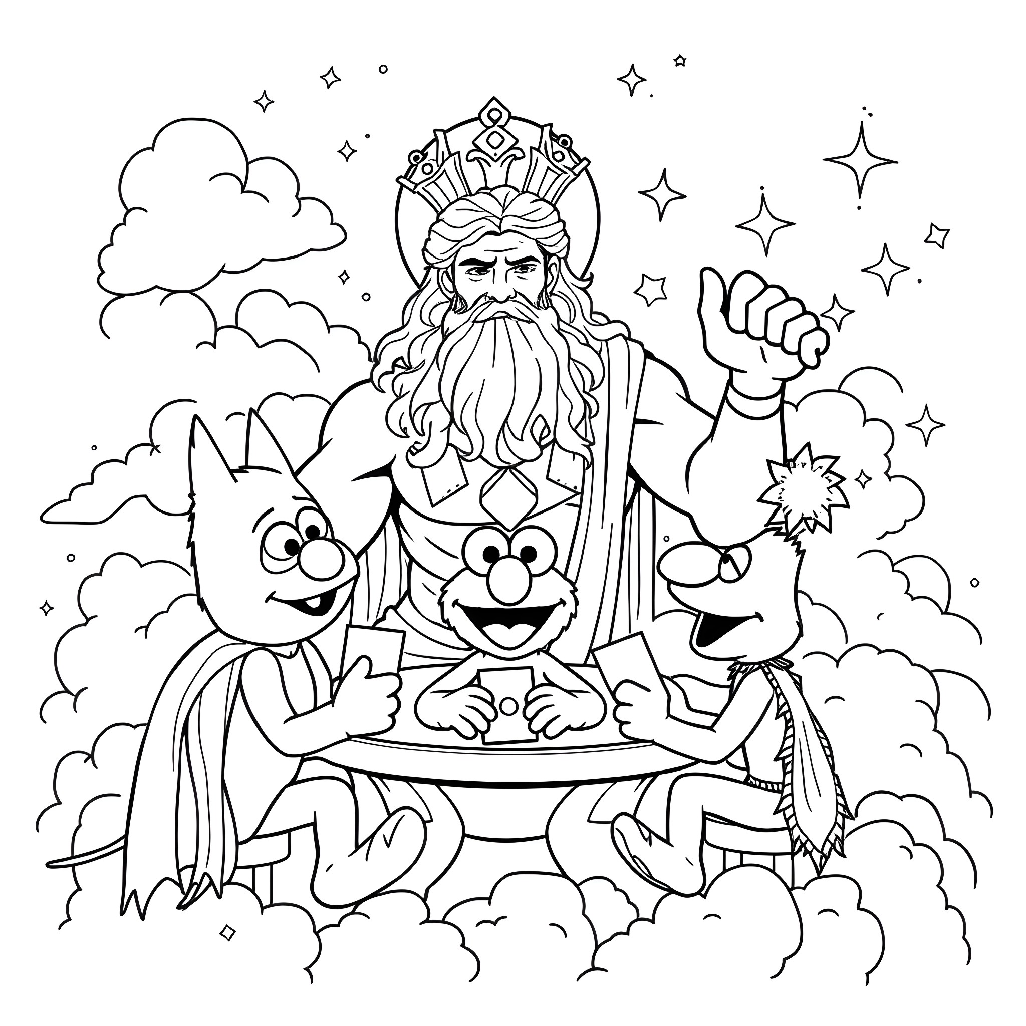 Zeus and his mythical companions in the clouds Coloring Page (free black-and-white line drawing printable PDF for all, from beginners to advanced learners, including children, teens, adults, and seniors)
